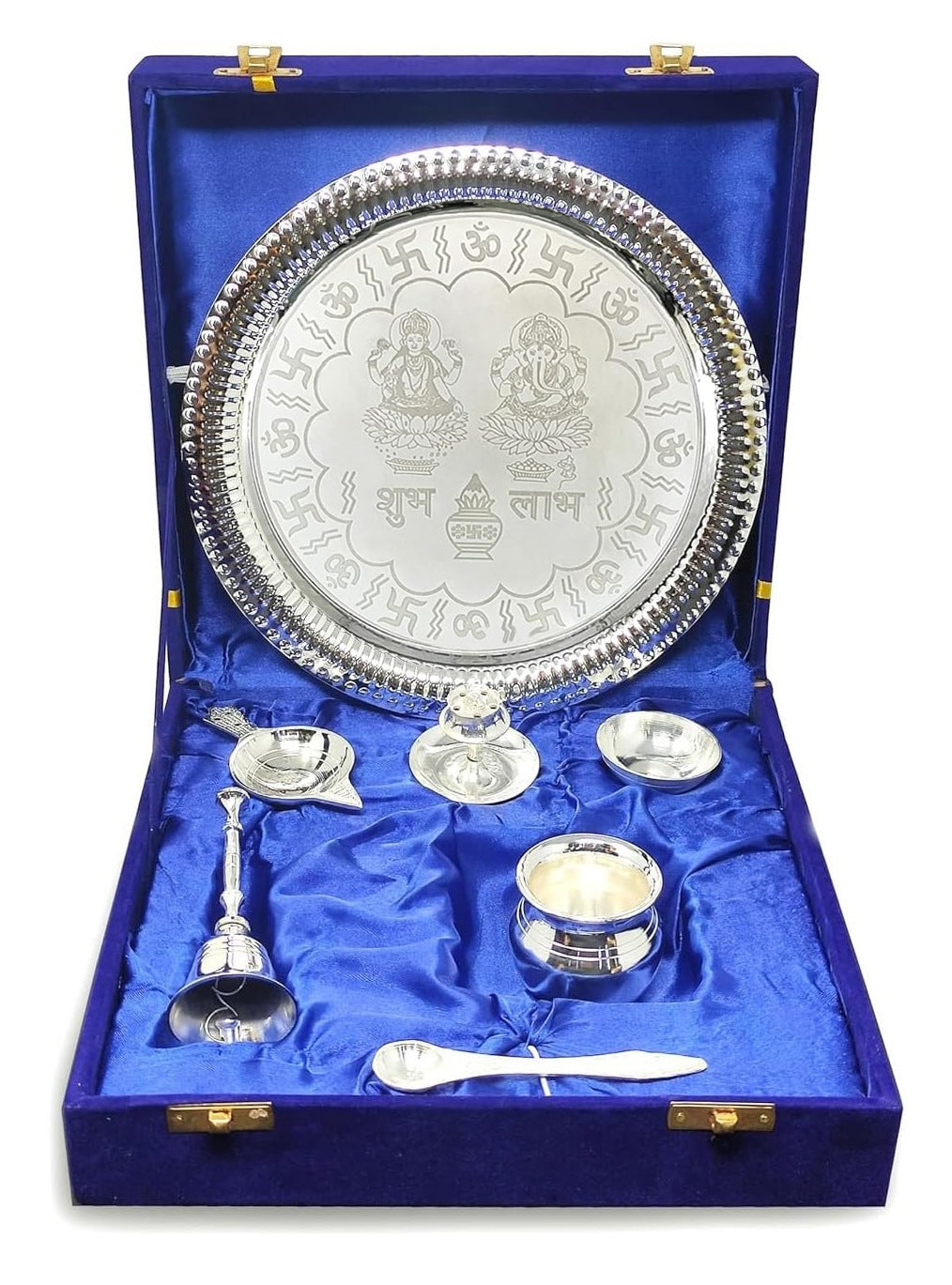 BENGALEN Pooja Thali Set Silver Plated with Gift Box 22 cm Designed Puja Plate Kalash Bowl Ghanti Spoon Dhup Dan Diya for Home Office Diwali Wedding Return Gift Items