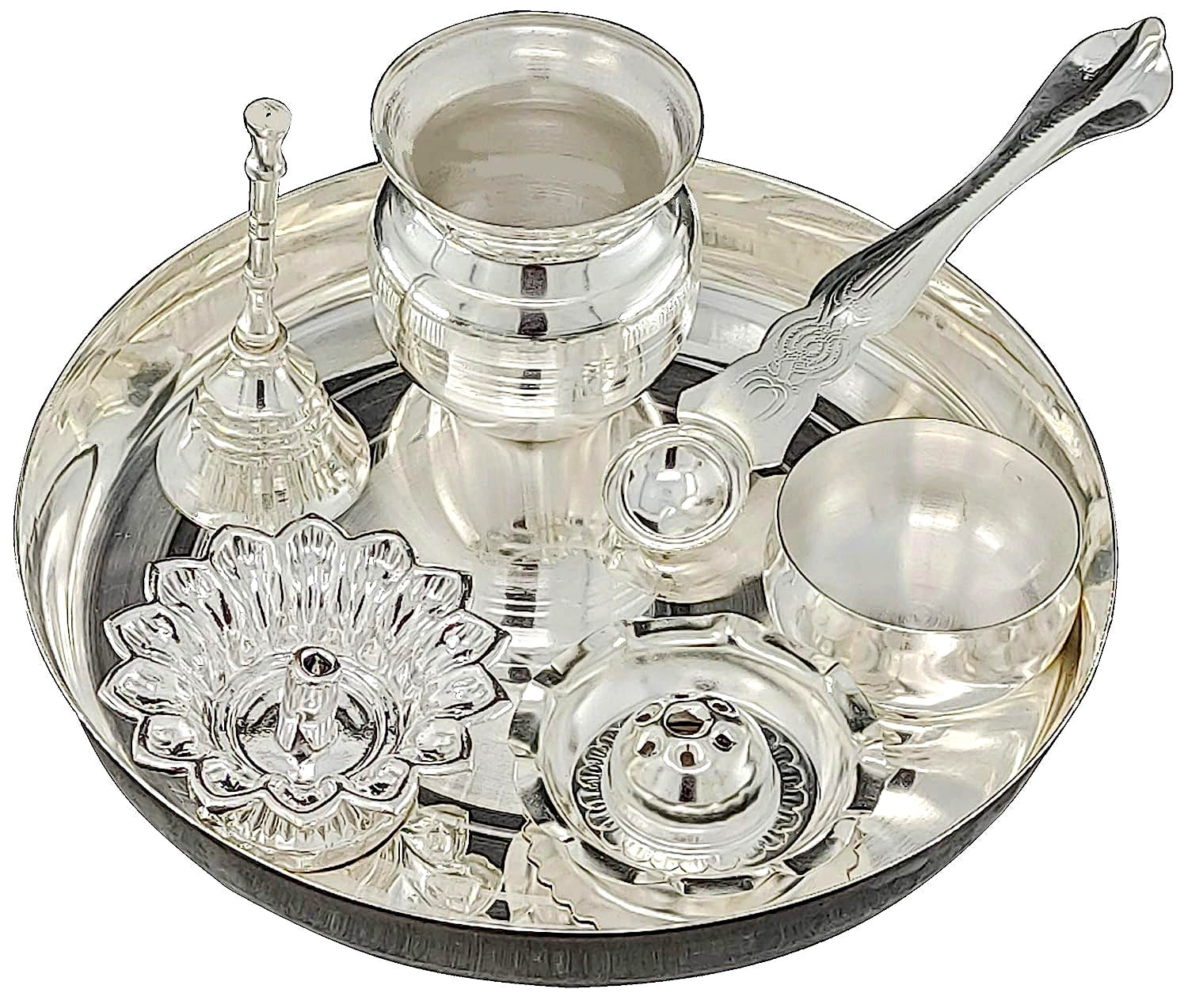 Bengalen Silver Plated Pooja thali Set 7 Inch Festival Ethnic Puja Thali Items for Diwali Daily Home Mandir Office Wedding Return Gift