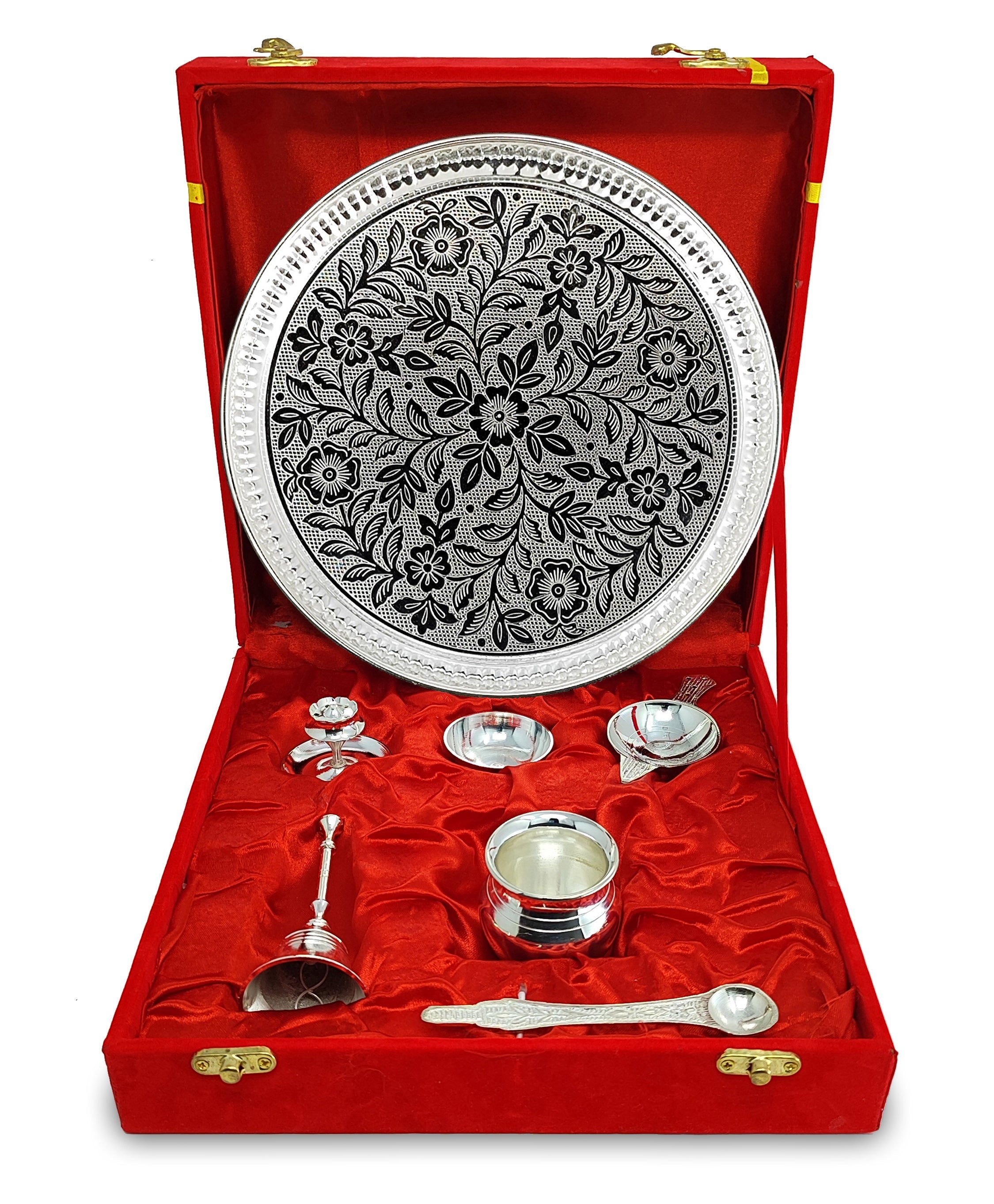 BENGALEN Pooja Thali Set Silver Plated with Red Gift Box Designed 8 Inch Puja Plate Kalash Bowl Ghanti Spoon Dhup Dan Diya for Home Office Diwali Wedding Return Gift Items