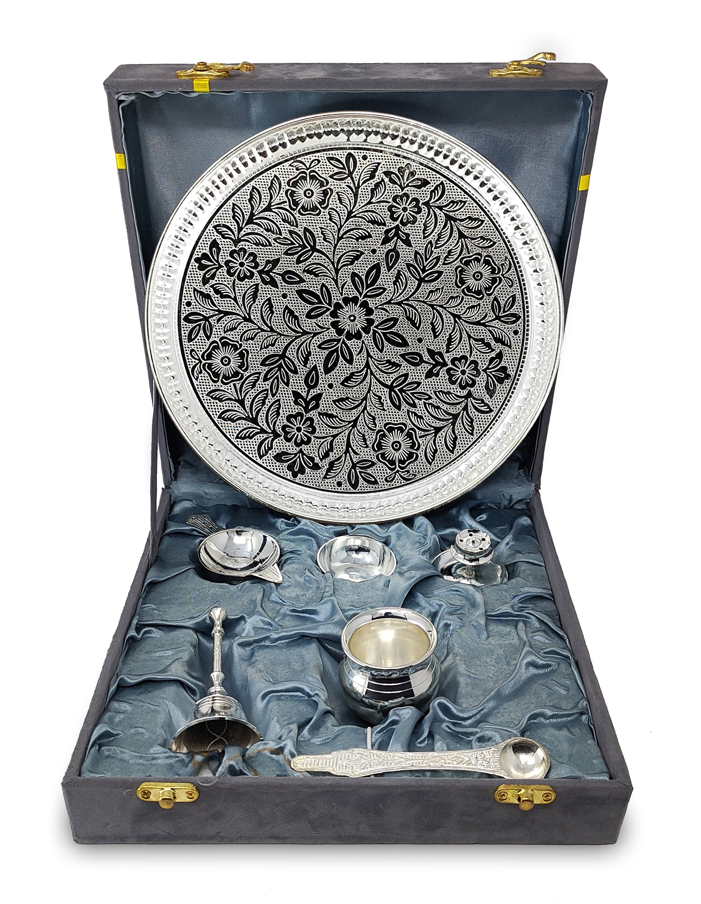 BENGALEN Pooja Thali Set Silver Plated with Gray Gift Box Designed 8 Inch Puja Plate Kalash Bowl Ghanti Spoon Dhup Dan Diya for Home Office Diwali Wedding Return Gift Items