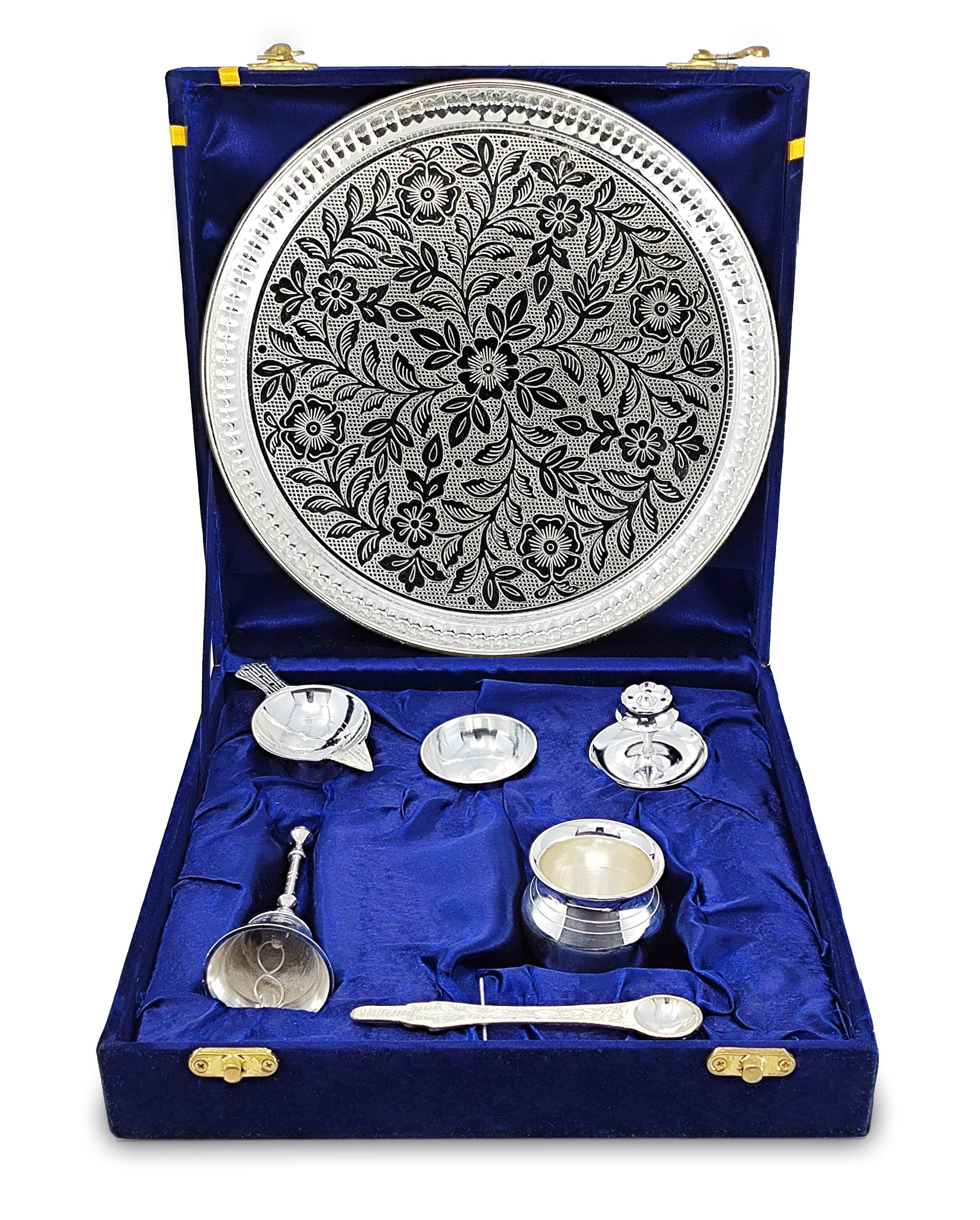BENGALEN Pooja Thali Set Silver Plated with Blue Gift Box Designed 8 Inch Puja Plate Kalash Bowl Ghanti Spoon Dhup Dan Diya for Home Office Diwali Wedding Return Gift Items