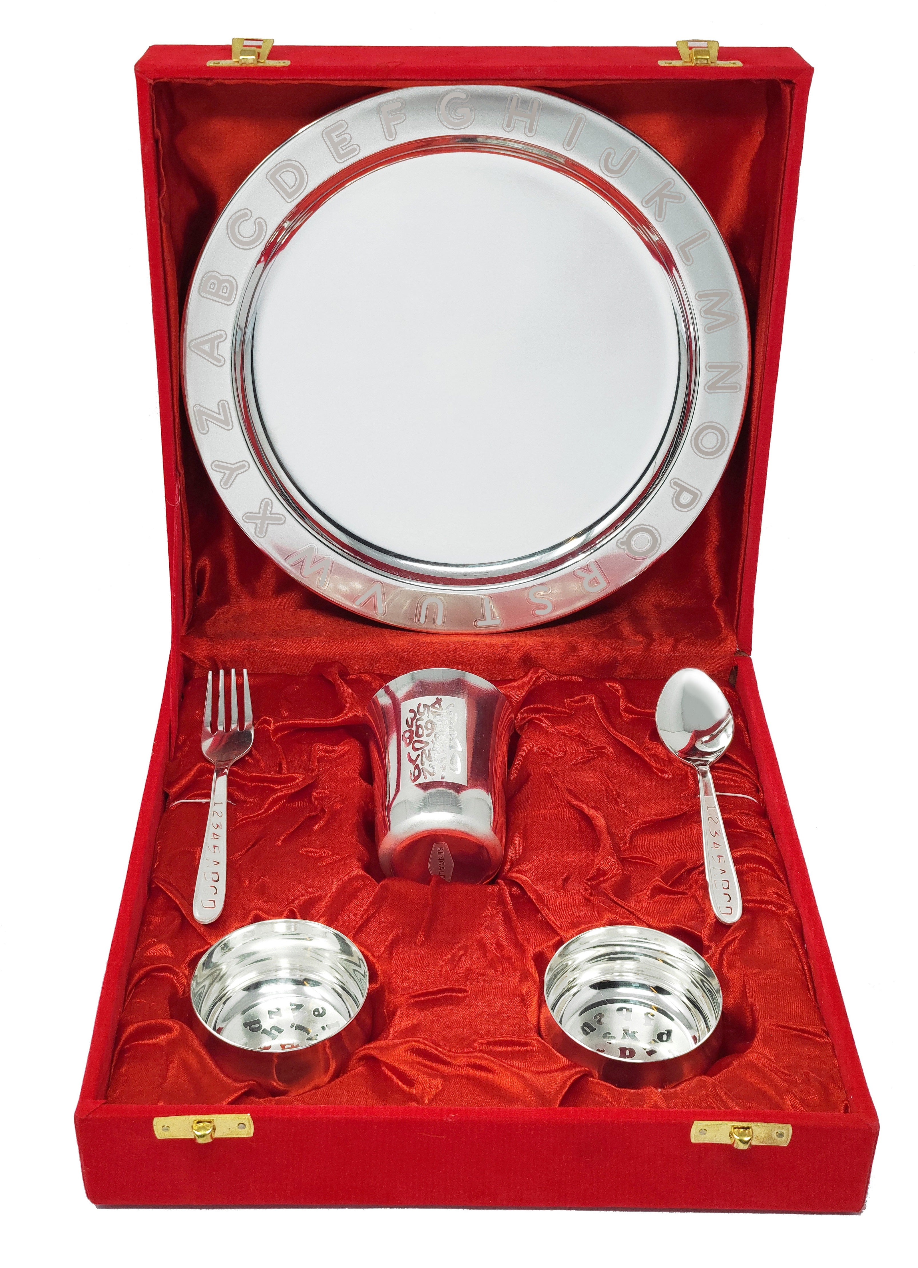 Bengalen Silver Plated Baby Dinner Set With Red Velvet Box for Gift Rice Ceremony Annaprashan Sanskar for Boys Girls Kids Birthday Return Festive Gift Items
