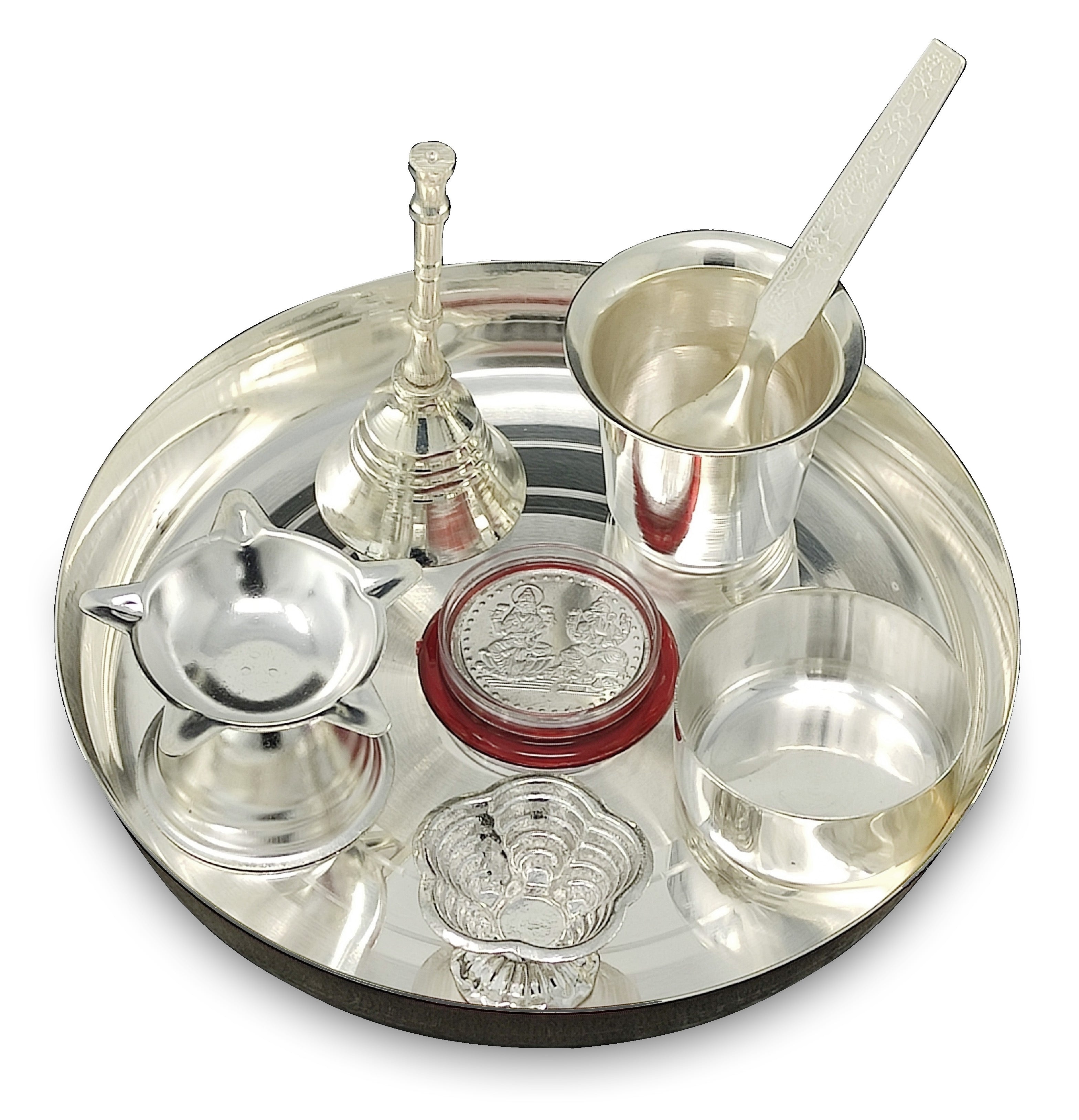 BENGALEN Silver Plated Pooja Thali Set 6 Inch Ganesh Lakshmi Coin Bowl Glass Spoon Ghanti Diya Kumkum Holder Puja Decorative Items for Home Mandir Office Wedding Return Gift Items