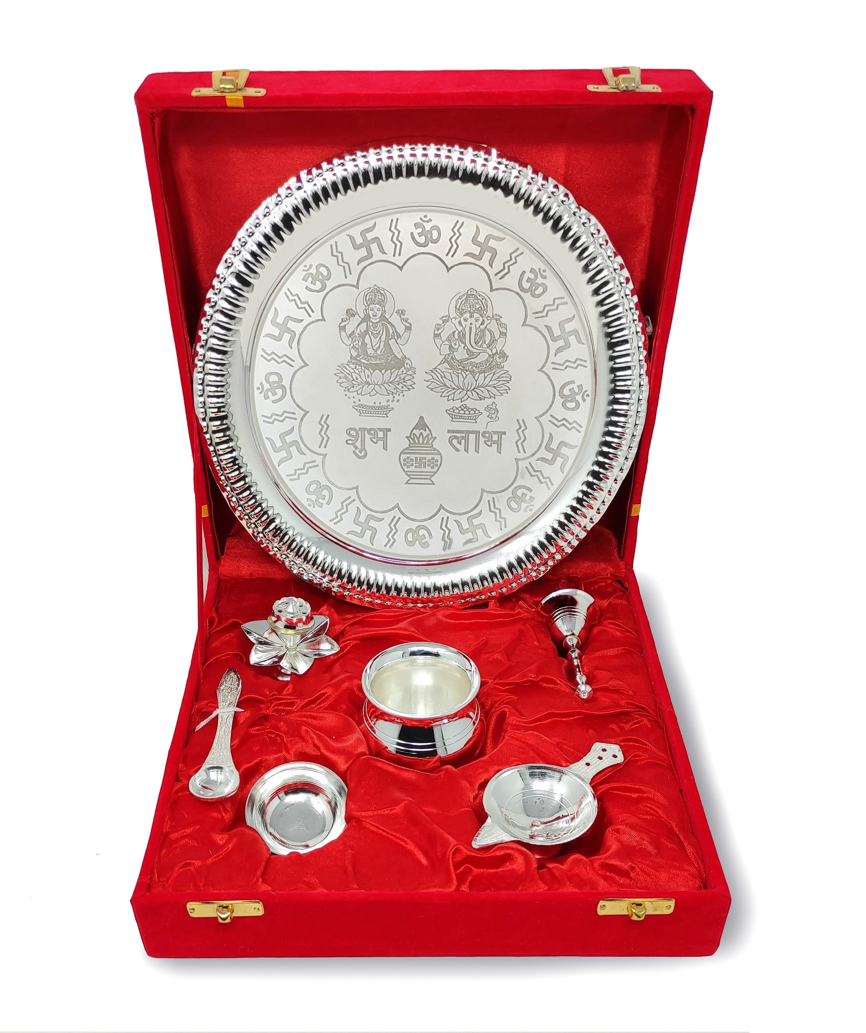 BENGALEN Pooja Thali Set Silver Plated with Gift Box Designed Puja Plate 22 CM Kalash Bowl Ghanti Spoon Dhup Dan Diya for Home Office Diwali Wedding Return Gift Items