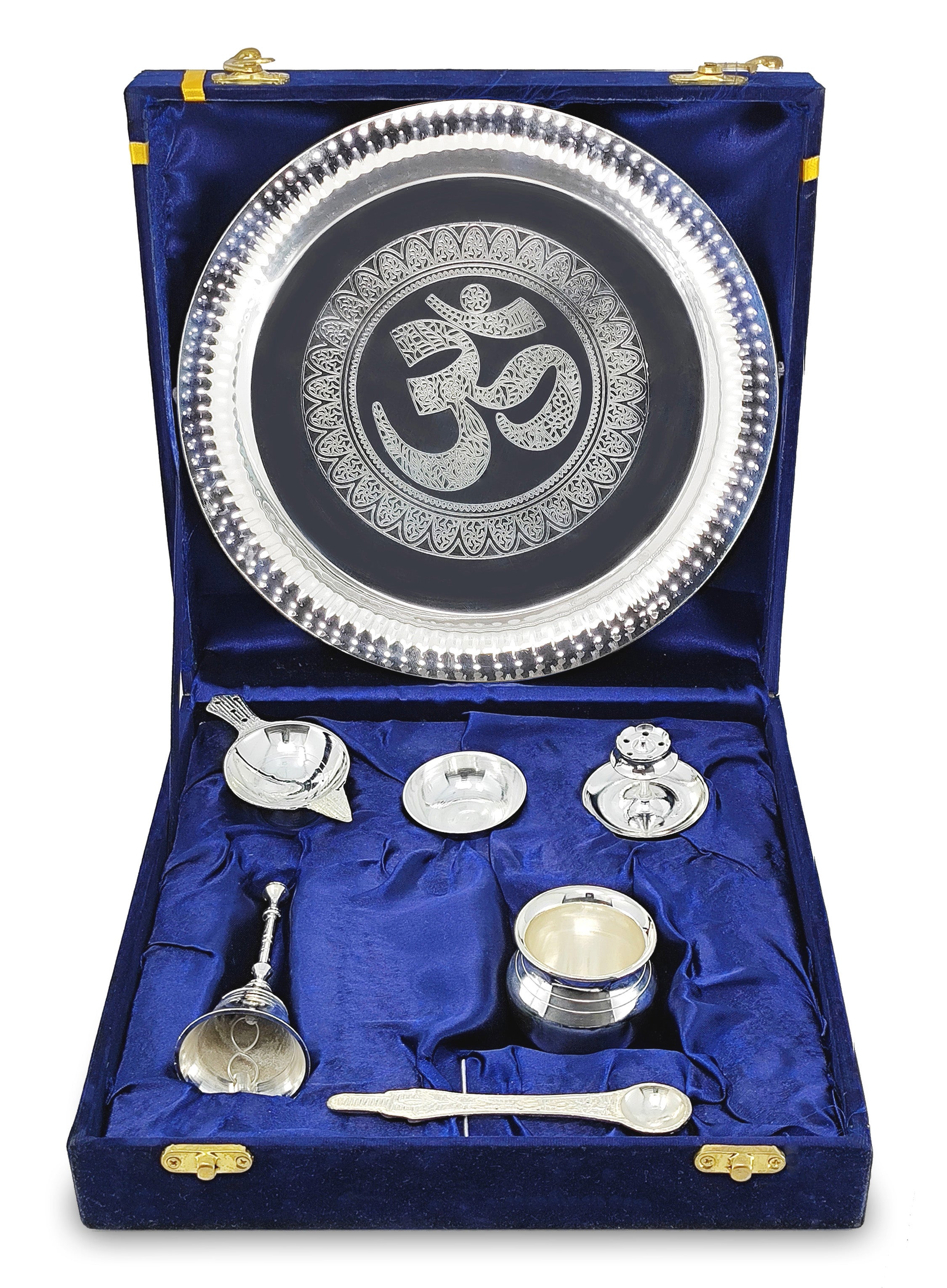 BENGALEN Pooja Thali Set Silver Plated with Blue Gift Box Om Designed 22 cm Puja Plate Kalash Bowl Ghanti Spoon Dhup Dan Diya for Home Office Diwali Wedding Return Gift Items