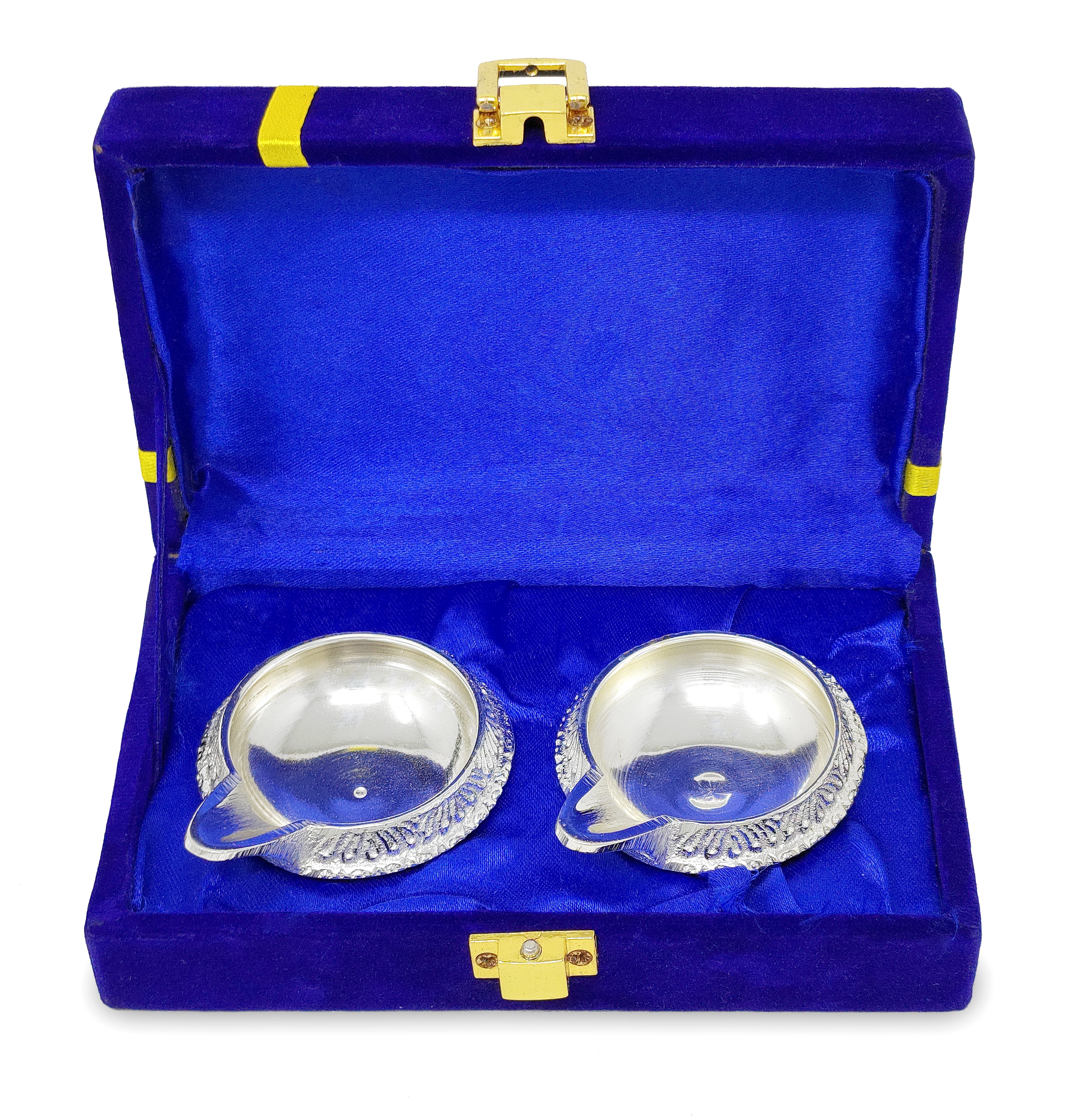BENGALEN Diwali Gift German Silver Diya with Blue Velvet Box Silver Plated Panchmukhi Dia Pooja Items Home Decoration Puja Gifts Handmade Oil Lamp Traditional Indian Dhanteras Gifts