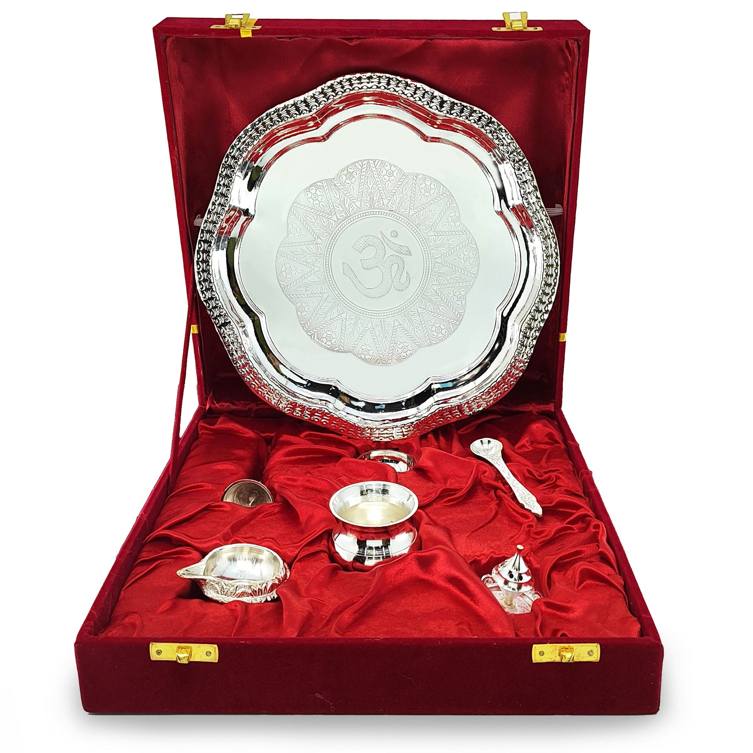 BENGALEN Pooja Thali Set Silver Plated with Gift Box 22 cm Designed Puja Plate Kalash Ghanti Bowl Spoon Dhup Dan Kuber Diya for Housewarming Diwali Wedding Gift Items