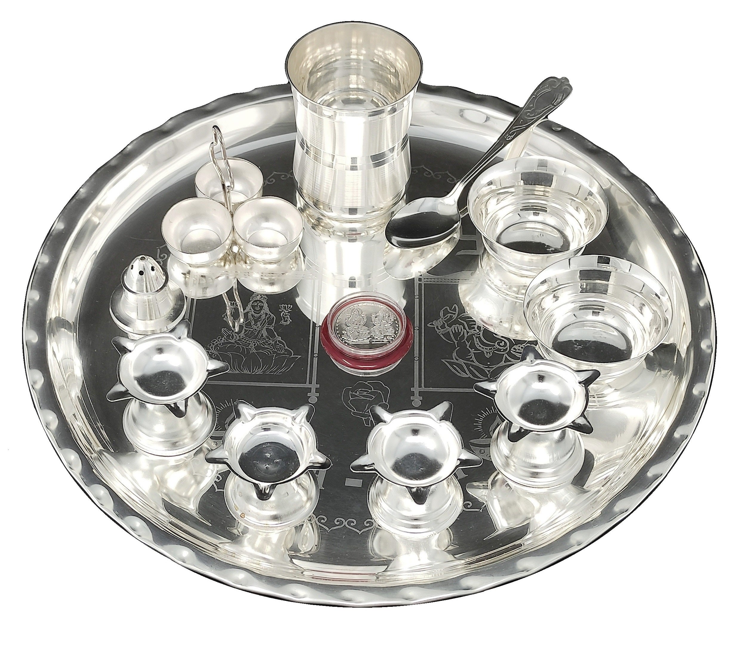 BENGALEN Silver Plated Pooja Thali Set 12 Inch with Designed Puja Thali with Glass Bowl Diya Dhup Dan Haldi Kumkum Stand Spoon Coin for Home Mandir Office Wedding Return Gift Items