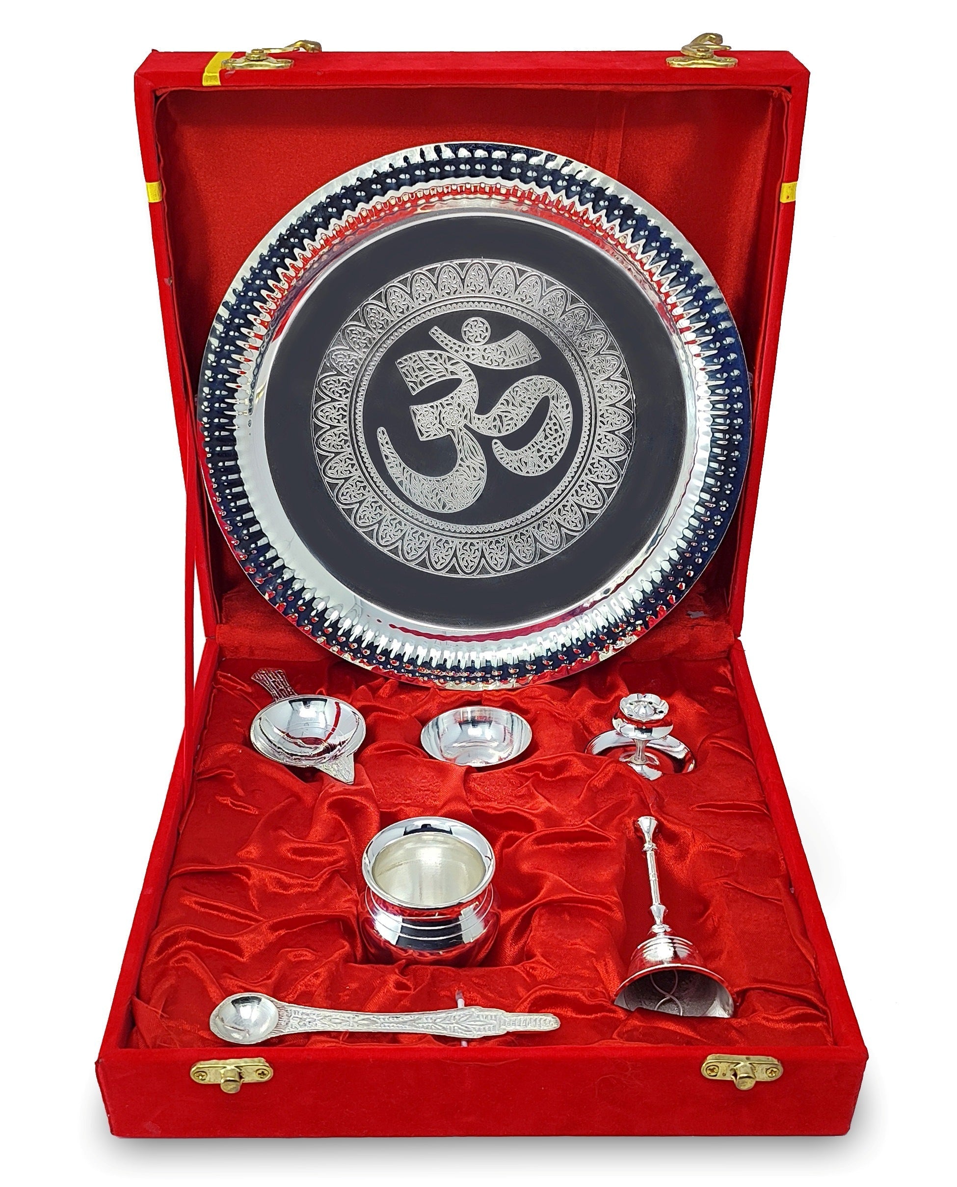 BENGALEN Pooja Thali Set Silver Plated with Red Gift Box Om Designed 22 cm Puja Plate Kalash Bowl Ghanti Spoon Dhup Dan Diya for Home Office Diwali Wedding Return Gift Items