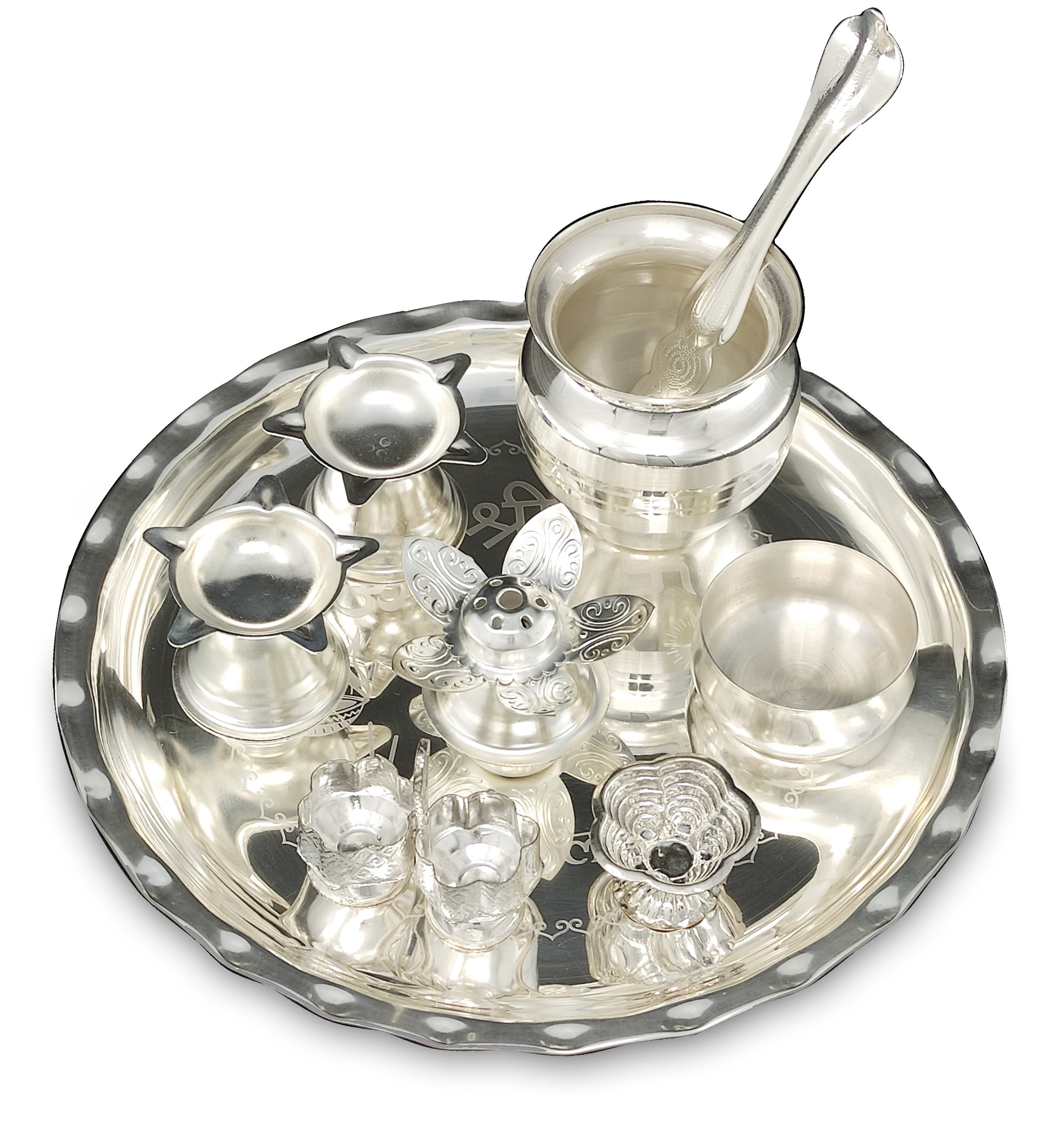 Bengalen Silver Plated Pooja thali Set 8 Inch with Plate Bowl Kalash Diya Palli Kumkum Holder Chandan Wati Puja Thali for Diwali Home Mandir Office Wedding Return Gift Items