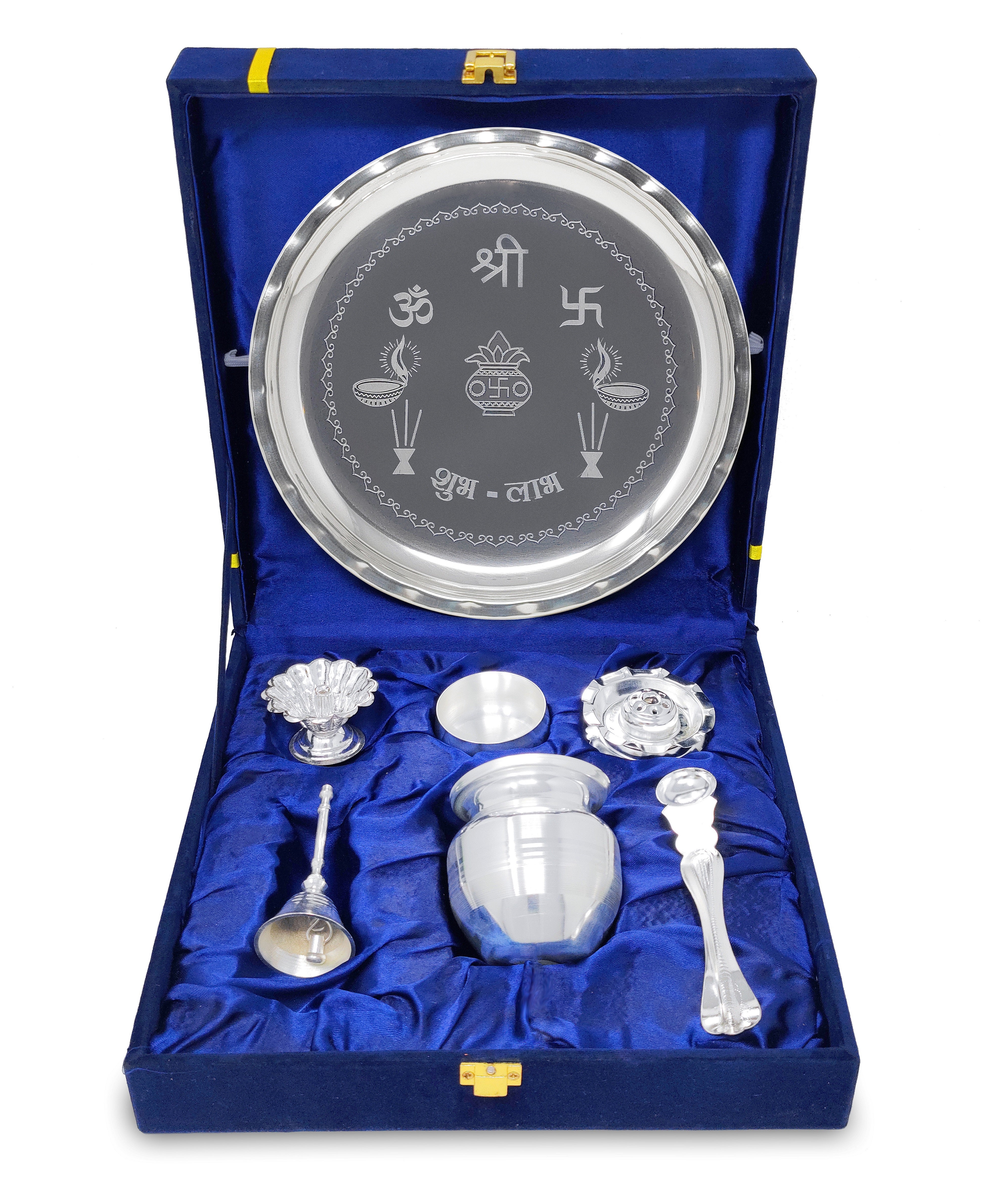 BENGALEN Pooja Thali Set with Velvet Gift Box 8 Inch Puja Plate Kalash Palli Diya Agarbatti Stand Bowl Kumkum Holder Ghanti Puja Items Diwali Wedding Gifts