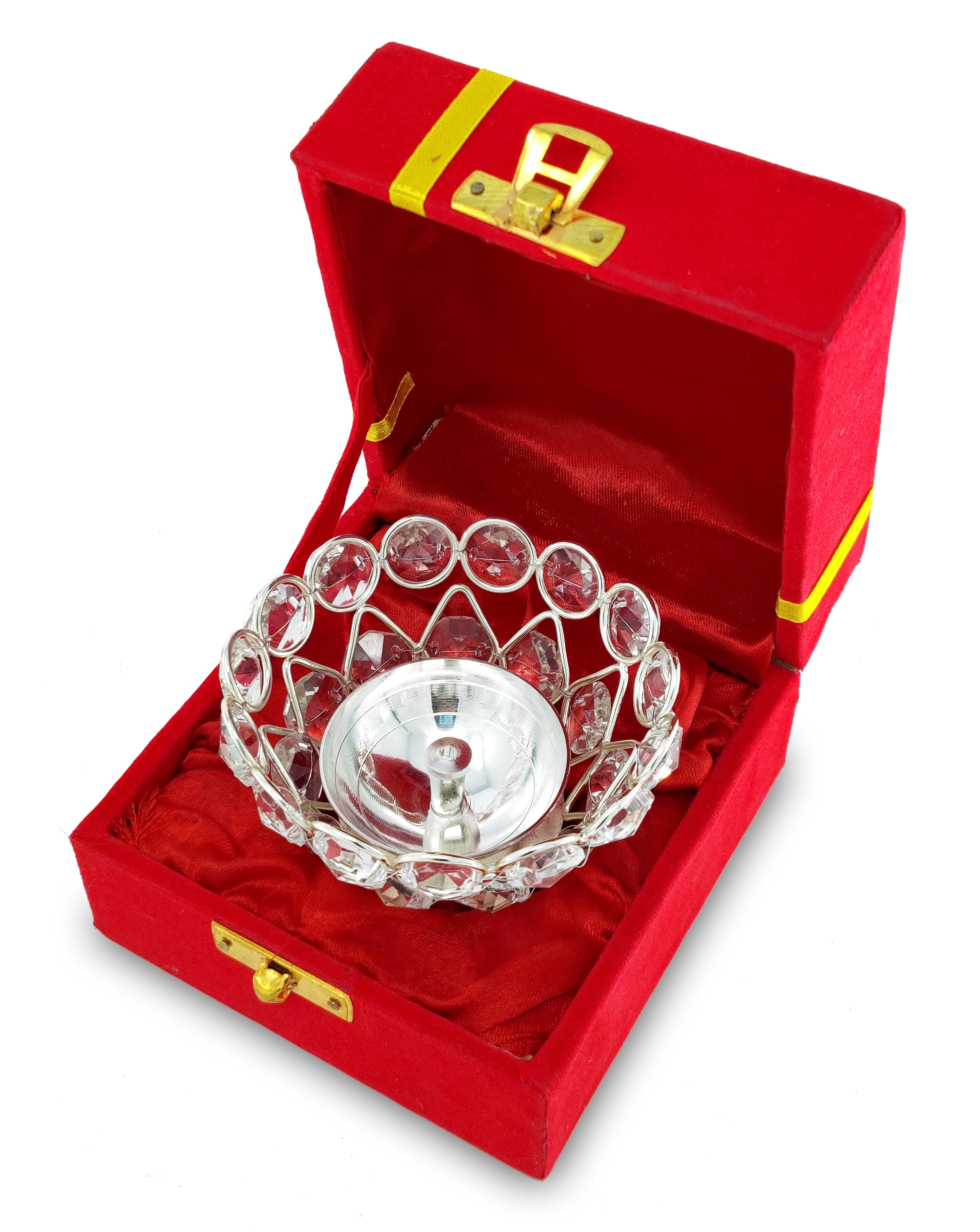 BENGALEN Crystal Diya with Red Velvet Gift Box German Silver Chrystal Akhand Piyali Dia Pooja Items Diwali Decoration Puja Gifts Handmade Oil Lamp