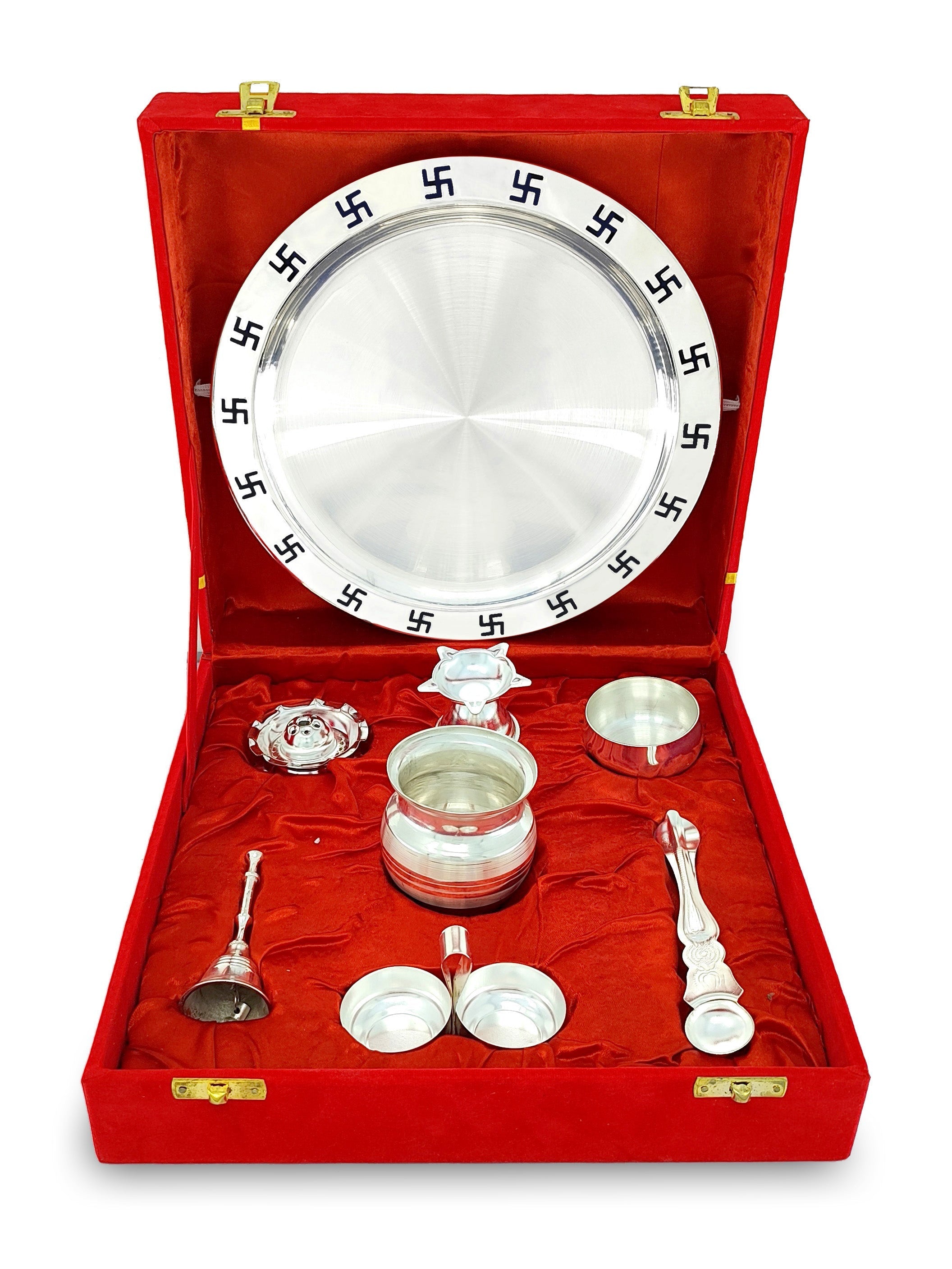 BENGALEN Pooja Thali Set 9 Inch Silver Plated with Red Gift Box