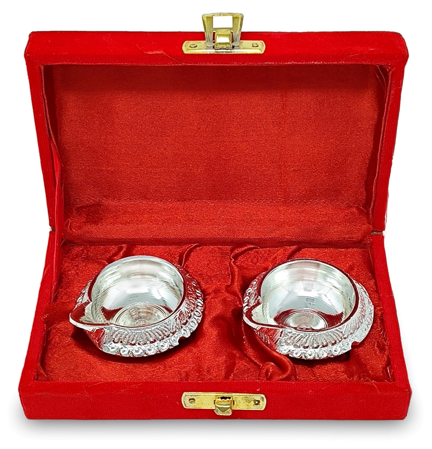 BENGALEN Silver Plated Diya with Red Velvet Gift Box Kuber Dia Pooja Items Diwali Decoration Puja Gifts Handmade Oil Lamp Traditional Indian Deepawali Gift Items