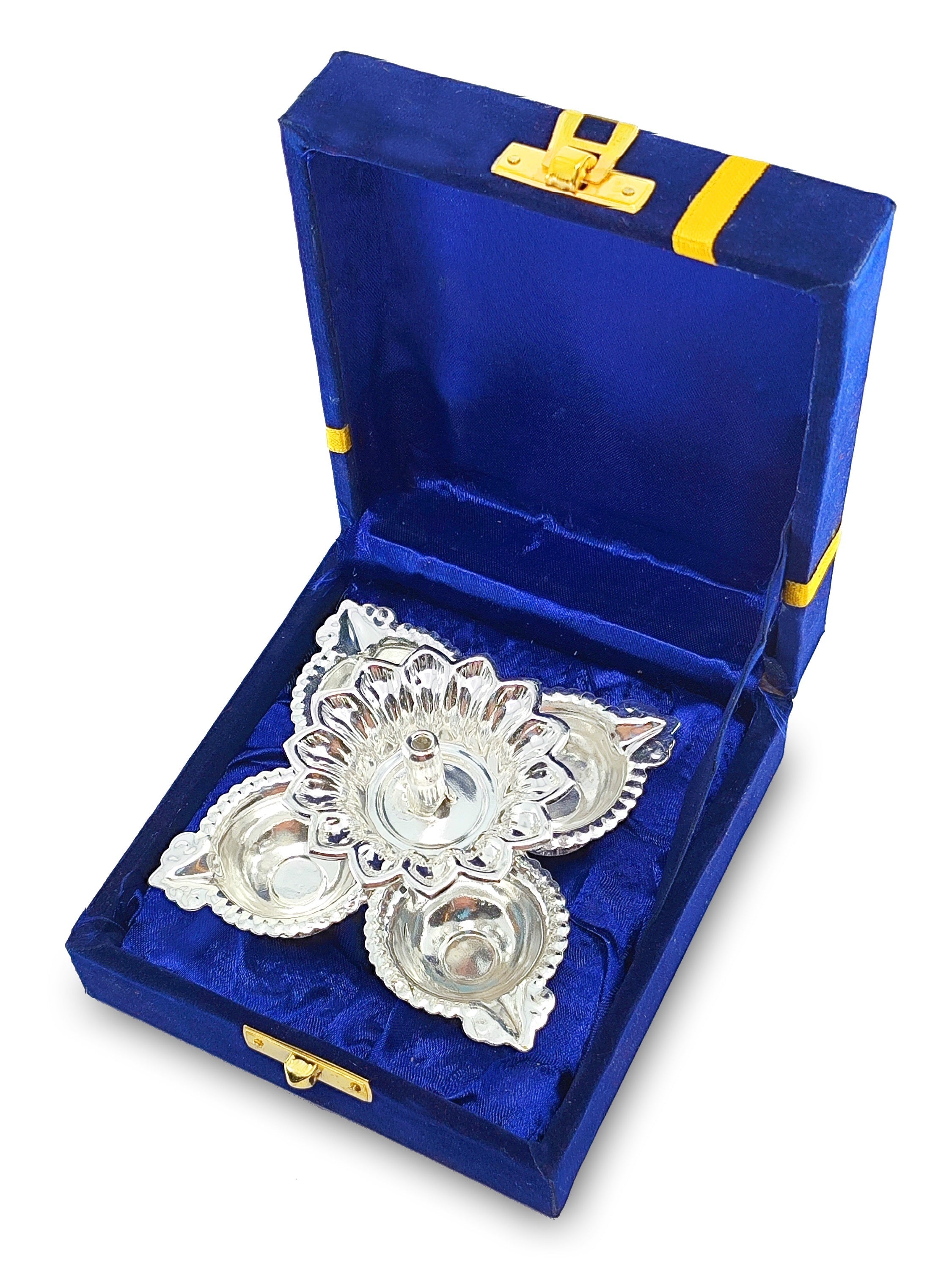 BENGALEN Silver Plated Diya with Blue Velvet Gift Box Panchmukhi Dia Pooja Items Diwali Decoration Puja Gifts Handmade Oil Lamp Traditional Indian Deepawali Gift Items