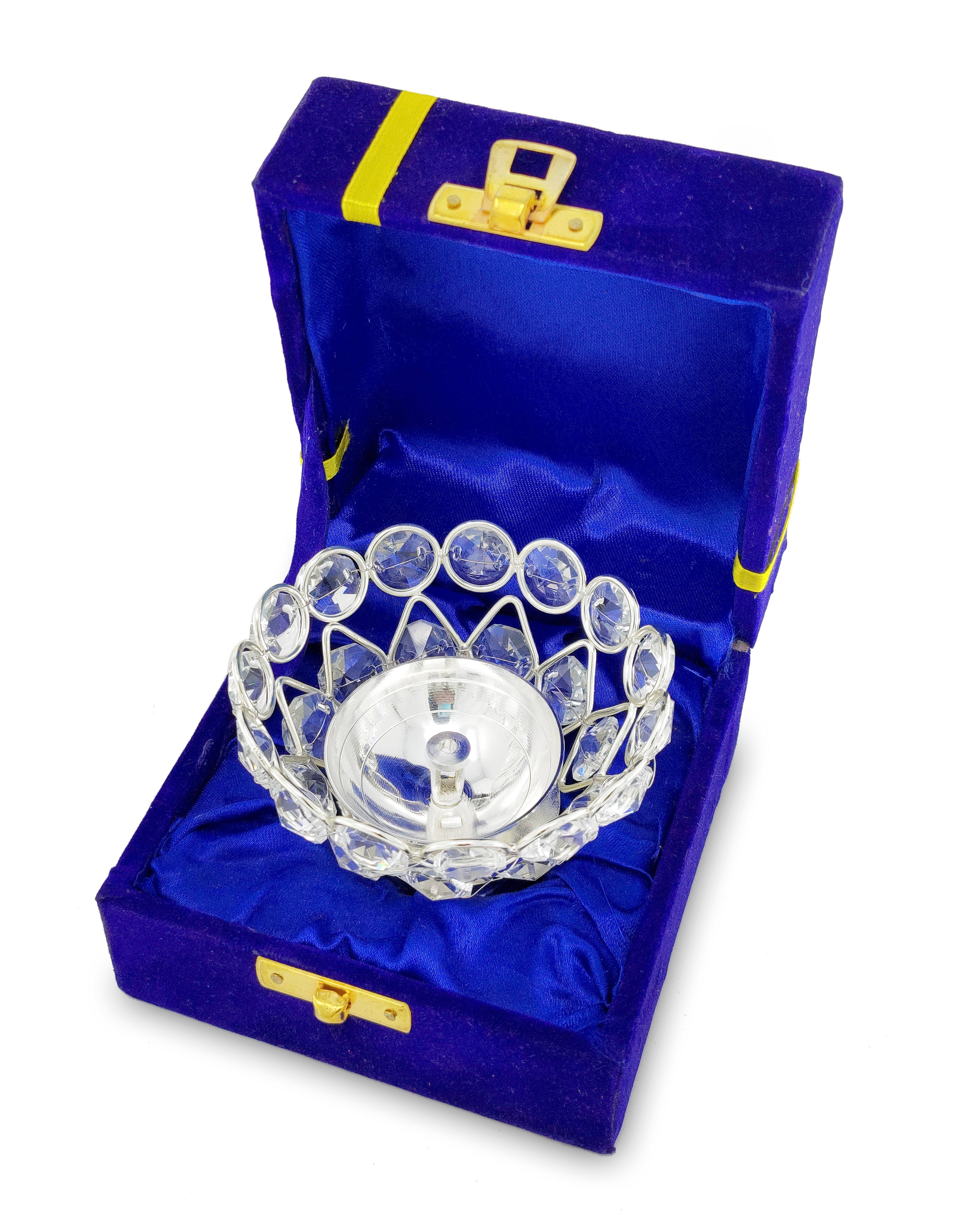 BENGALEN Crystal Diya with Blue Velvet Gift Box German Silver Chrystal Akhand Piyali Dia Pooja Items Diwali Decoration Puja Gifts Handmade Oil Lamp