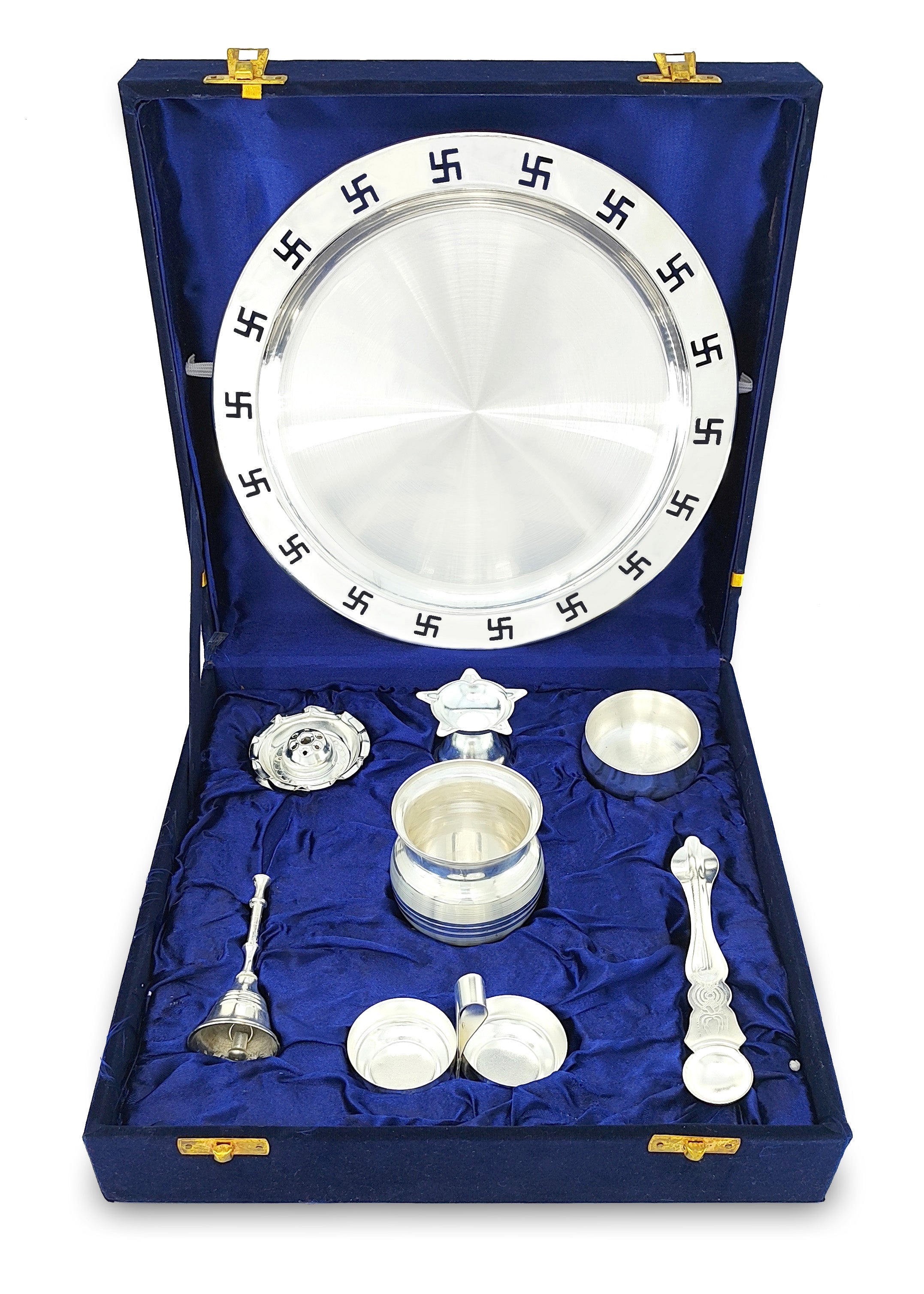 BENGALEN Pooja Thali Set 9 Inch Silver Plated with Blue Gift Box
