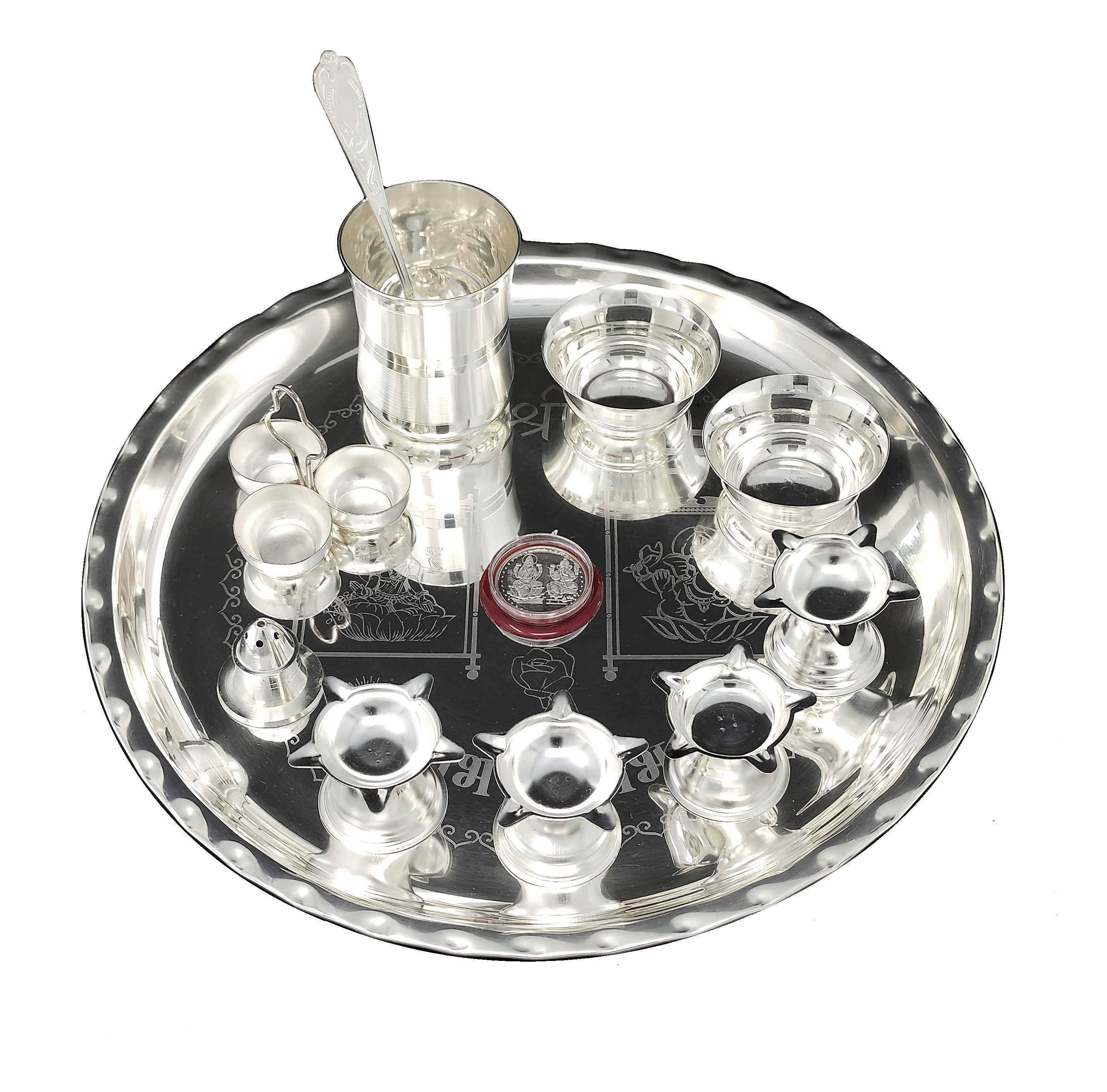BENGALEN Silver Plated Pooja Thali Set 12 Inch with Designed Puja Thali with Glass Bowl Diya Dhup Dan Haldi Kumkum Stand Spoon Coin for Home Mandir Office Wedding Return Gift Items