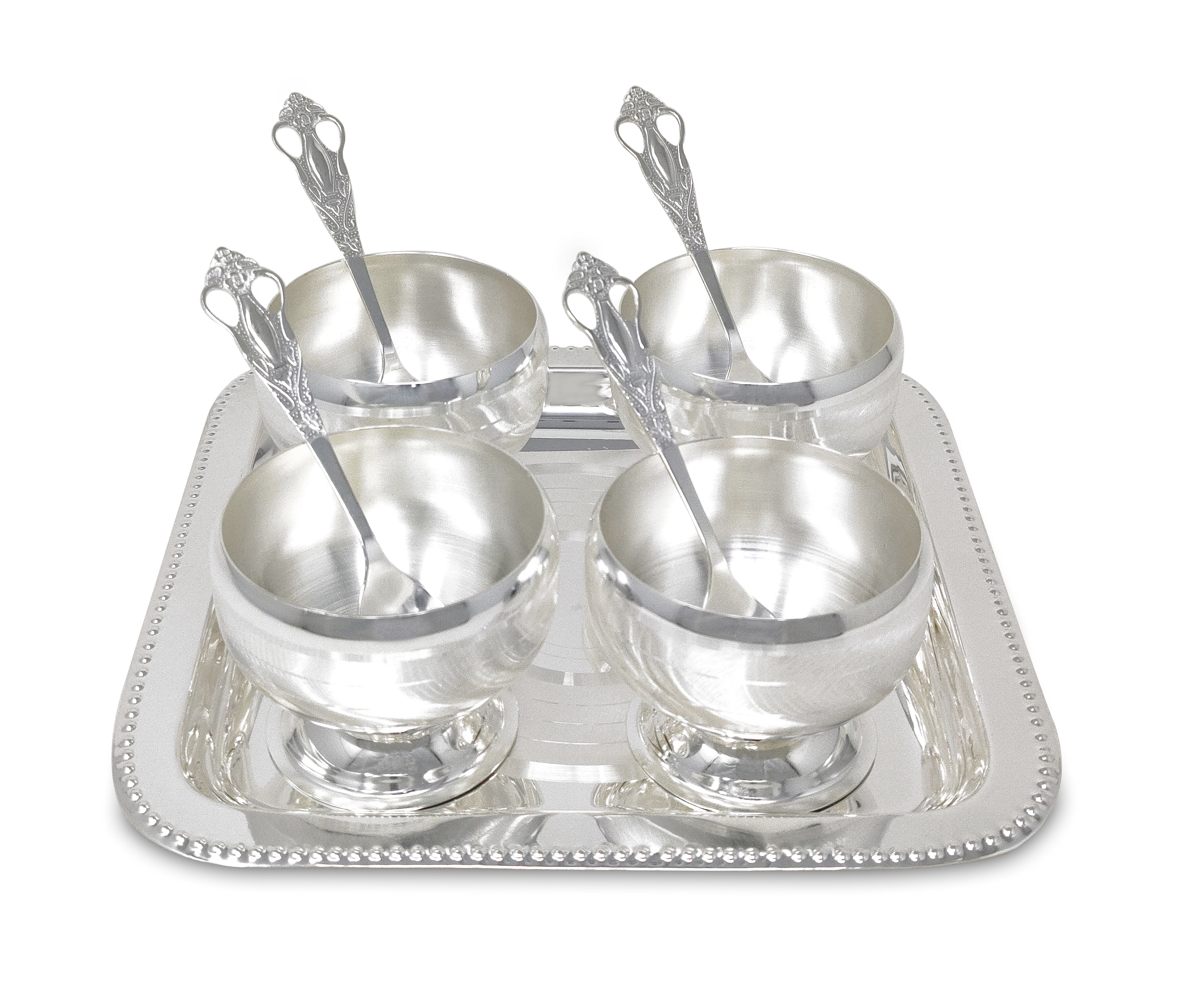 BENGALEN Bowl Spoon Tray Set Silver Plated Dessert Dry Fruits Ice Cream Serving Diwali Christmas Eid Wedding Return Gifts Friends Family Home Decoration Housewarming Corporate Gift Items