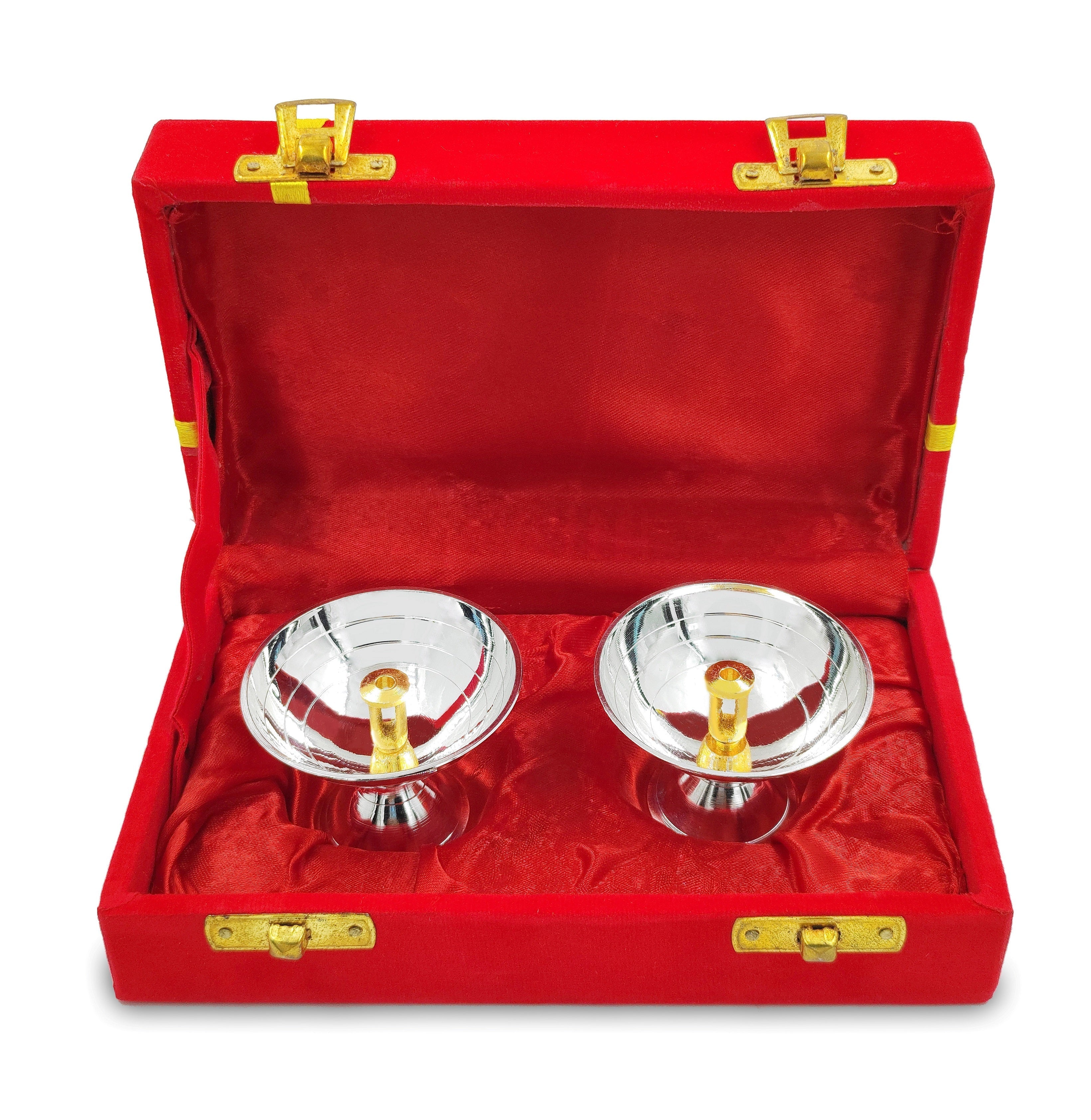 BENGALEN Silver Plated Small Pyali Diya Set of 2 with Red Velvet Gift Box