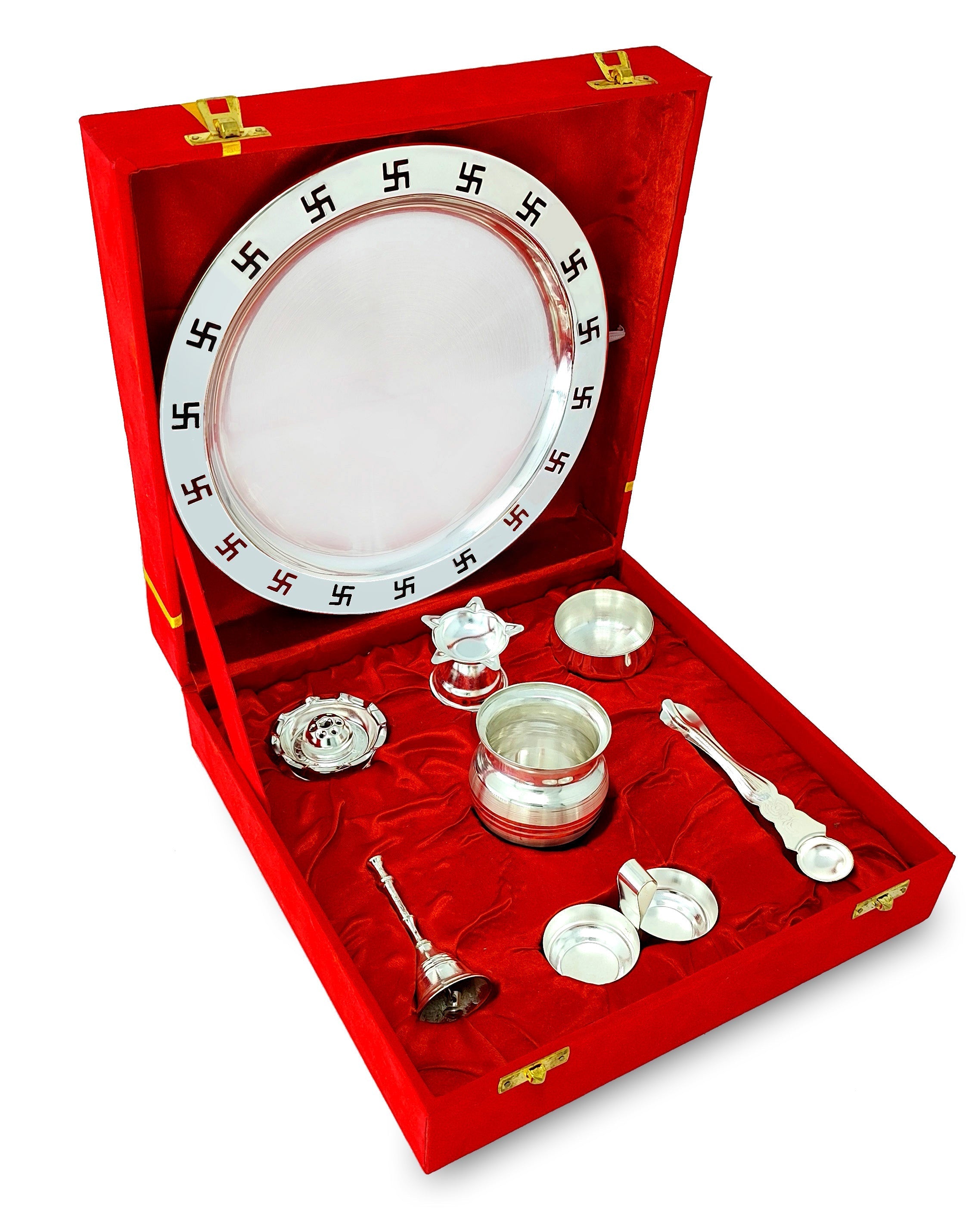 BENGALEN Pooja Thali Set 9 Inch Silver Plated with Red Gift Box
