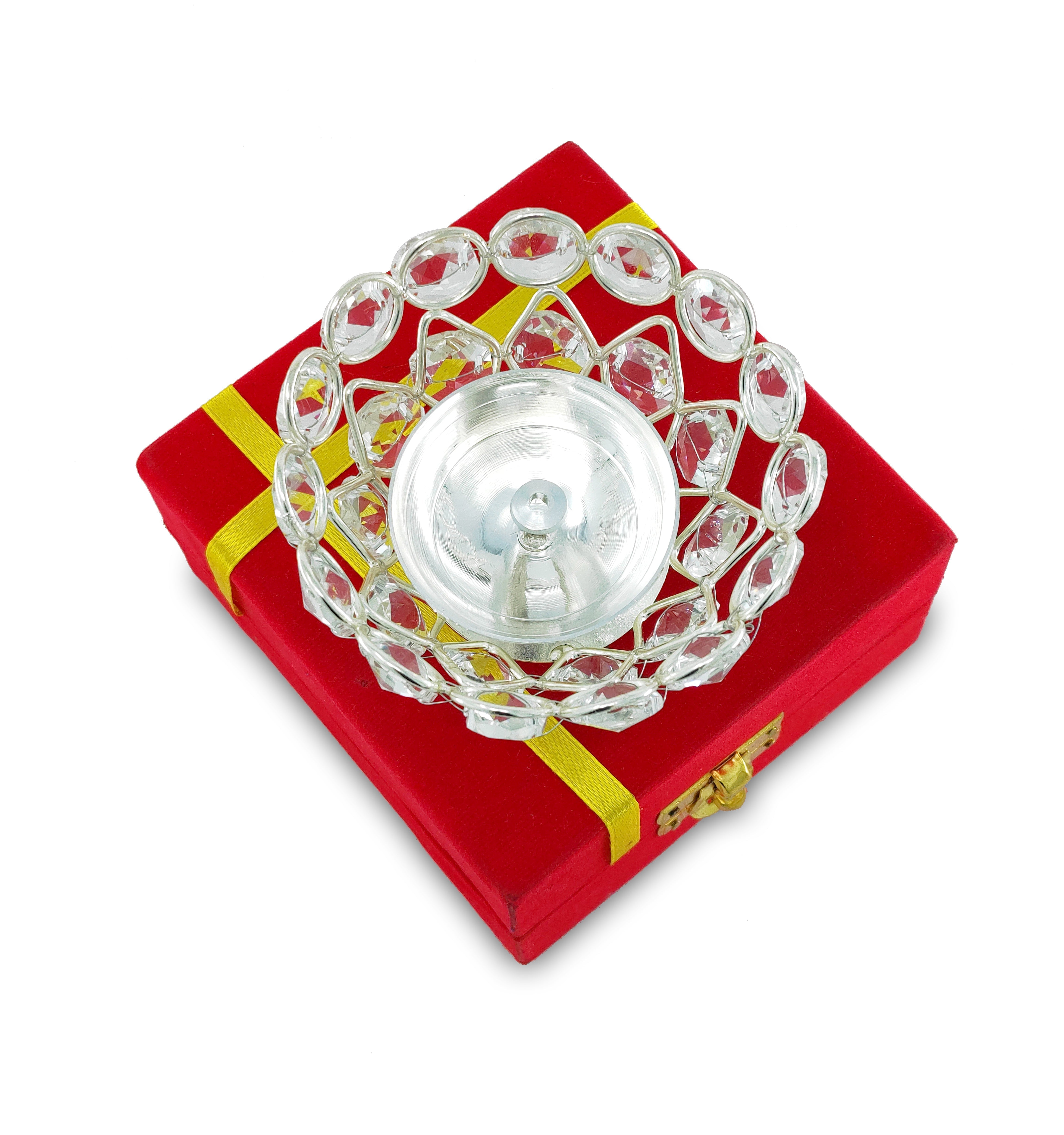 BENGALEN Crystal Diya with Red Velvet Gift Box German Silver Chrystal Akhand Piyali Dia Pooja Items Diwali Decoration Puja Gifts Handmade Oil Lamp