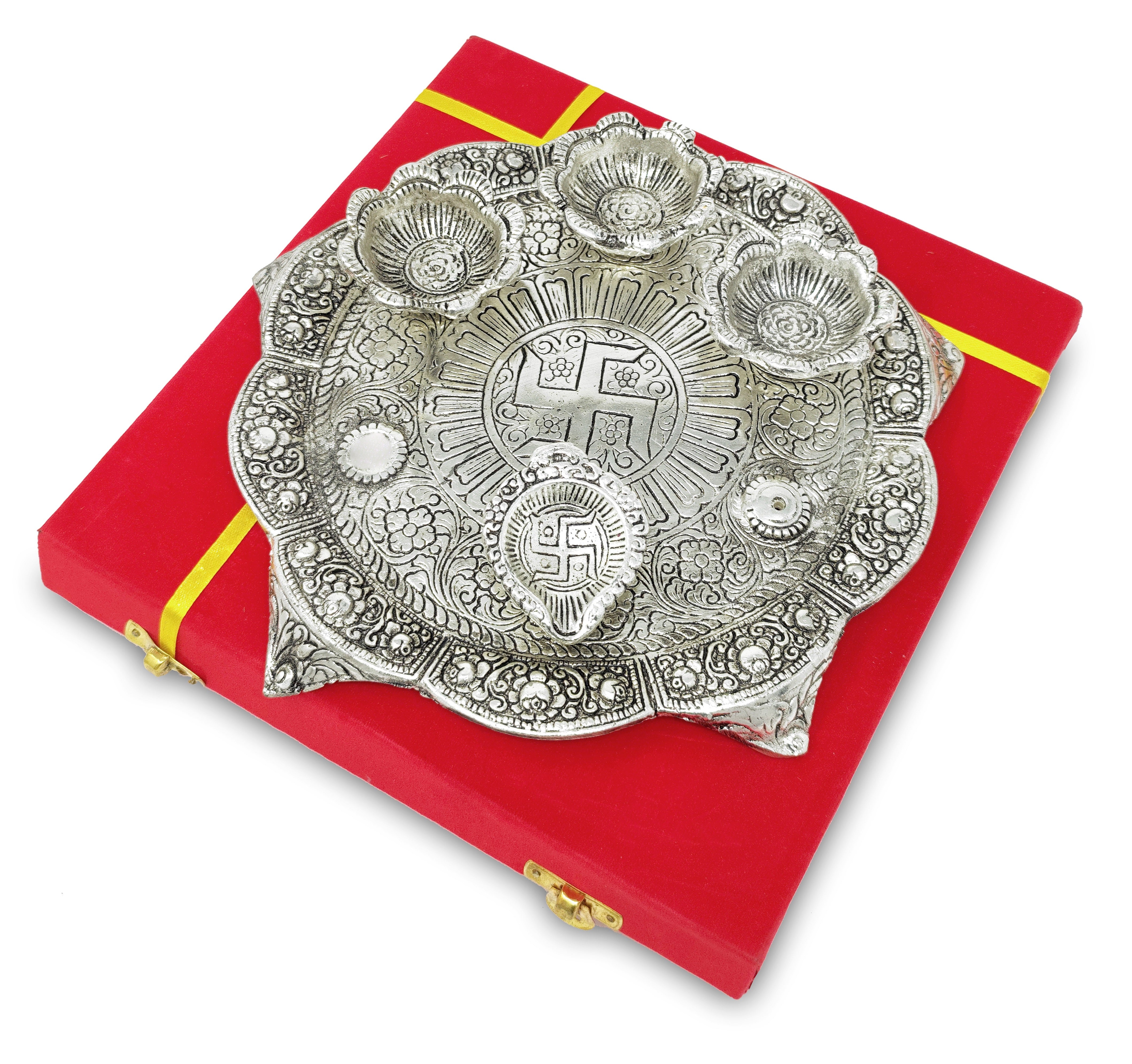 BENGALEN Pooja Set with Diya Silver Plated and Red Velvet Gift Box Puja Items Diwali Decoration Puja Gifts Handmade Oil Lamp Traditional Indian Deepawali Gift Items