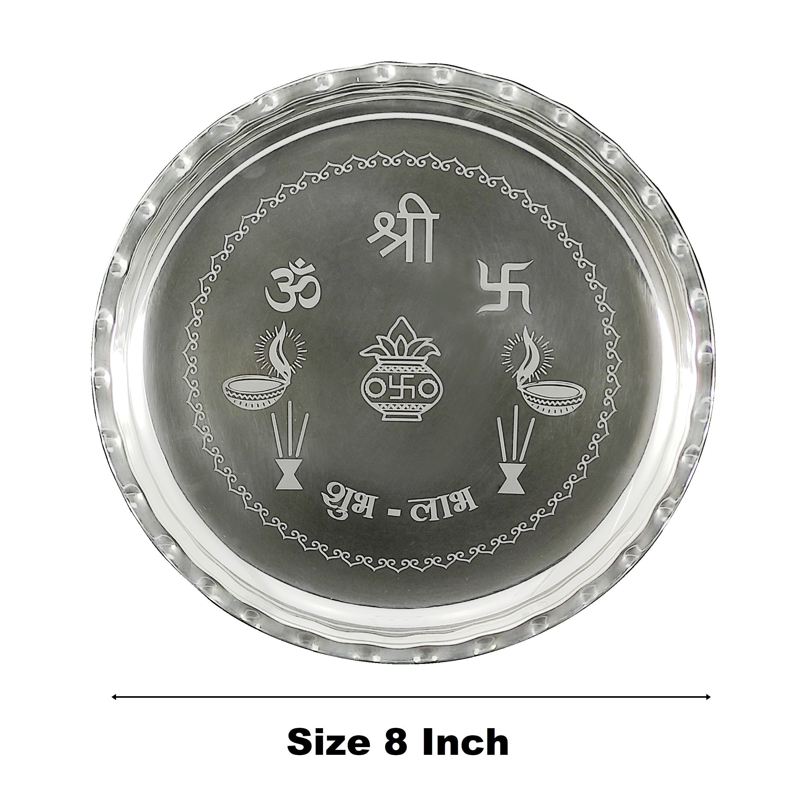 Bengalen Silver Plated Pooja thali Set 8 Inch with Plate Ghanti Bowl Spoon Dhup Dan Diya Kumkum Holder Coin Puja Thali for Home Mandir Office Wedding Return Diwali Gift Items