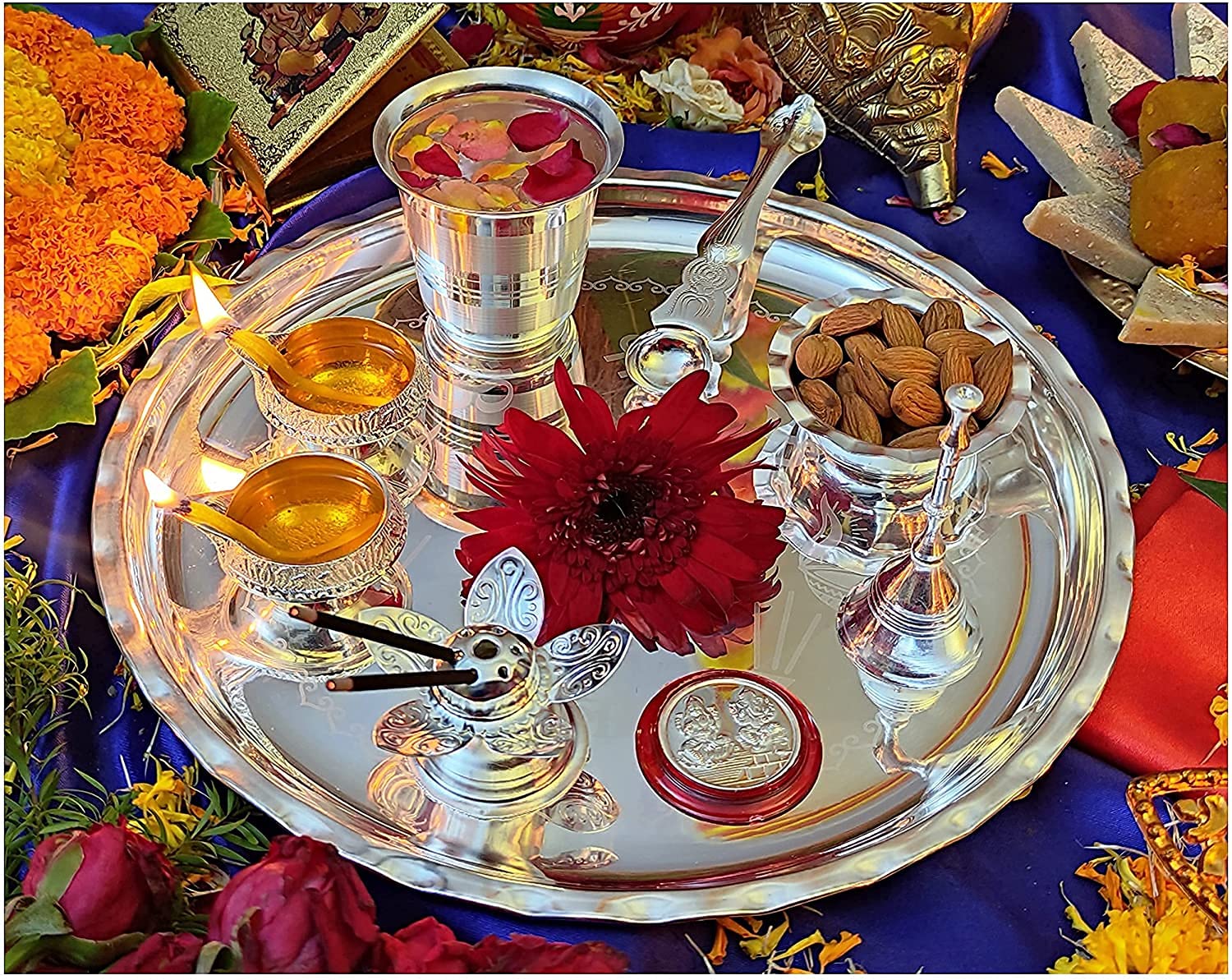 Bengalen Silver Plated Pooja Thali Set 9.5 Inch with Coin Kuber Diya Dhup Dani Bowl Spoon Glass Ghanti