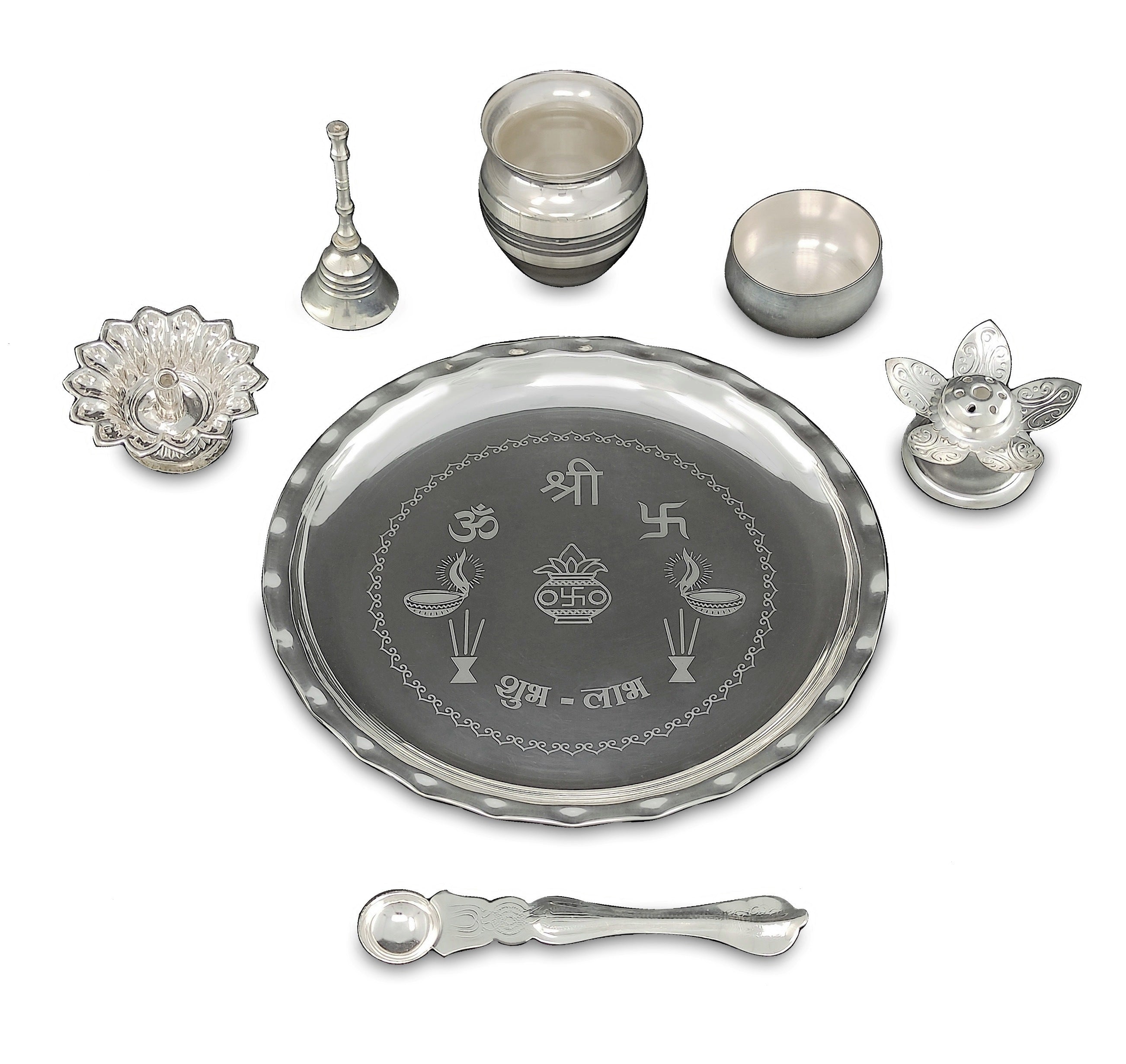 Bengalen Silver Plated Pooja thali Set 8 Inch with Plate Ghanti Bowl Spoon Dhup Dan Diya Kumkum Holder Coin Puja Thali for Home Mandir Office Wedding Return Diwali Gift Items