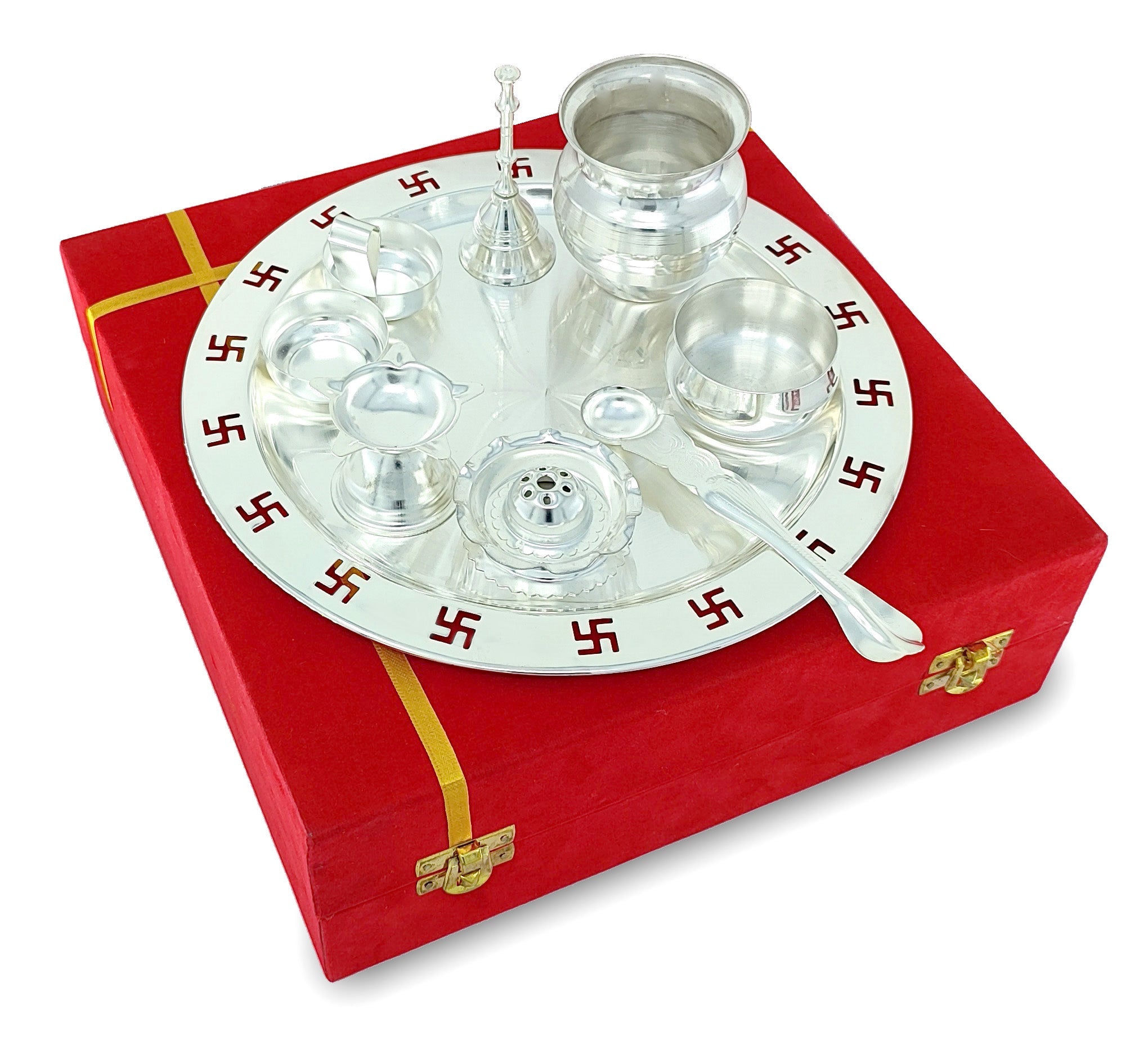 BENGALEN Pooja Thali Set 9 Inch Silver Plated with Red Gift Box