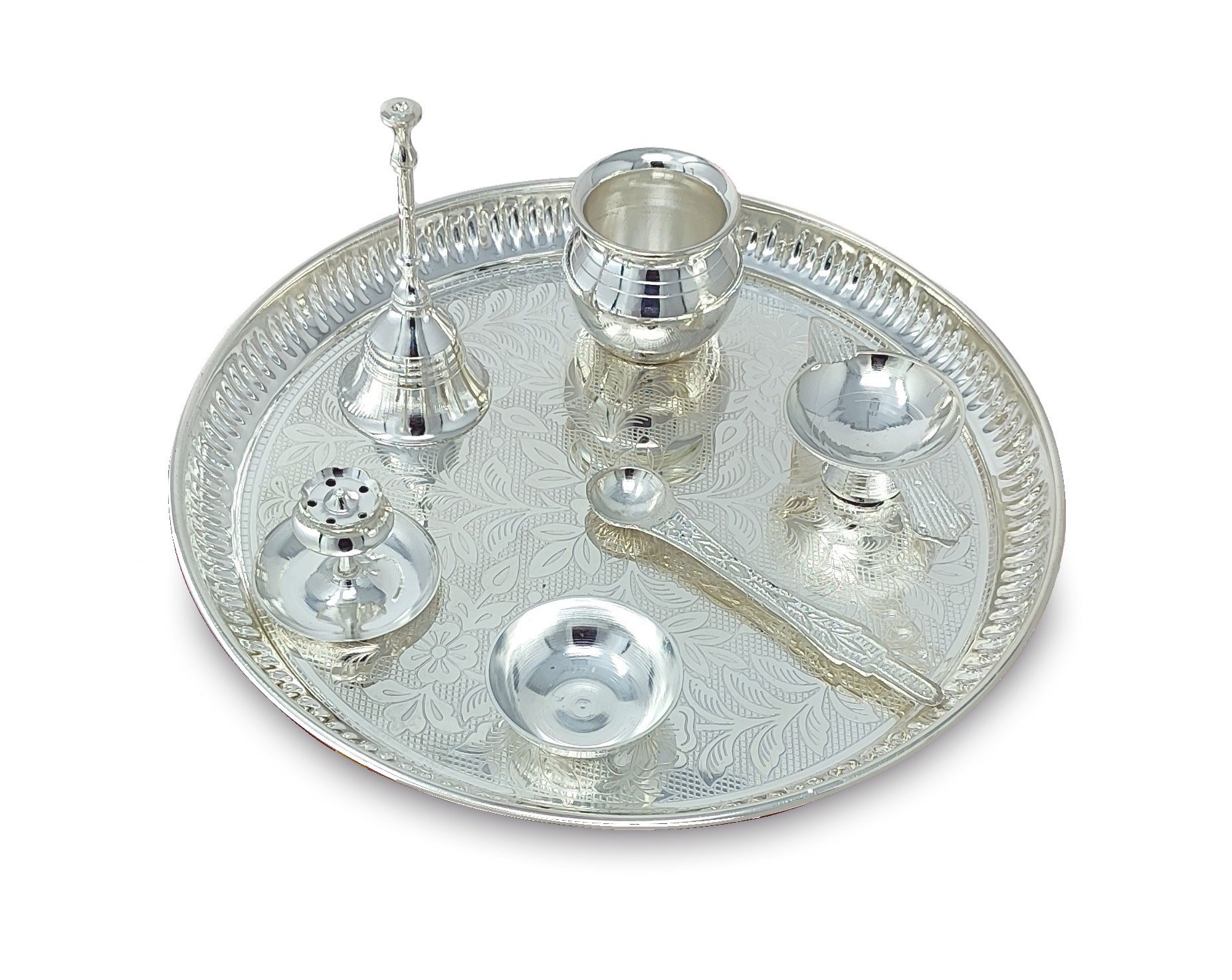 BENGALEN Pooja Thali Set Silver Plated with Red Gift Box Designed 8 Inch Puja Plate Kalash Bowl Ghanti Spoon Dhup Dan Diya for Home Office Diwali Wedding Return Gift Items