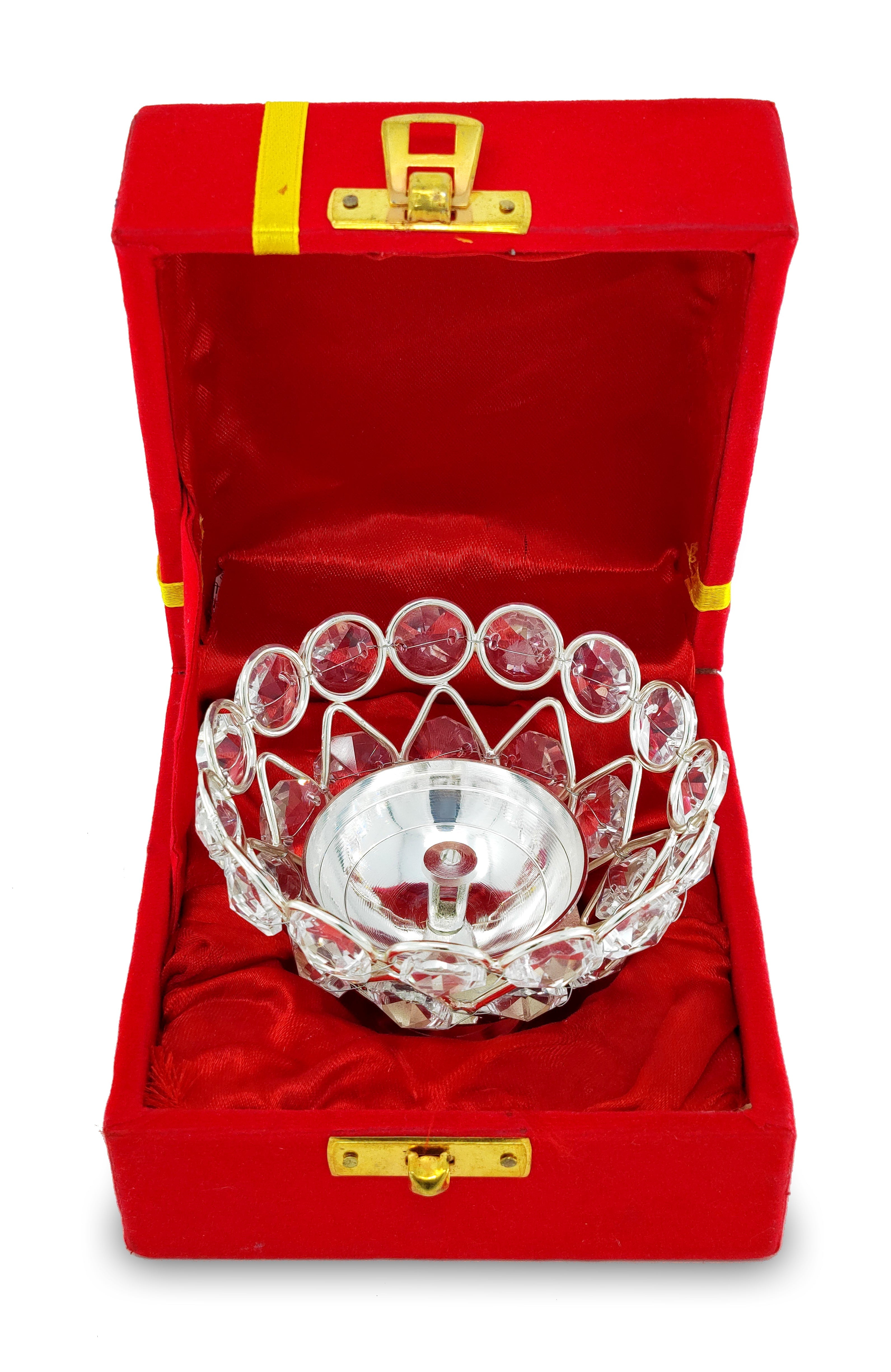 BENGALEN Crystal Diya with Red Velvet Gift Box German Silver Chrystal Akhand Piyali Dia Pooja Items Diwali Decoration Puja Gifts Handmade Oil Lamp