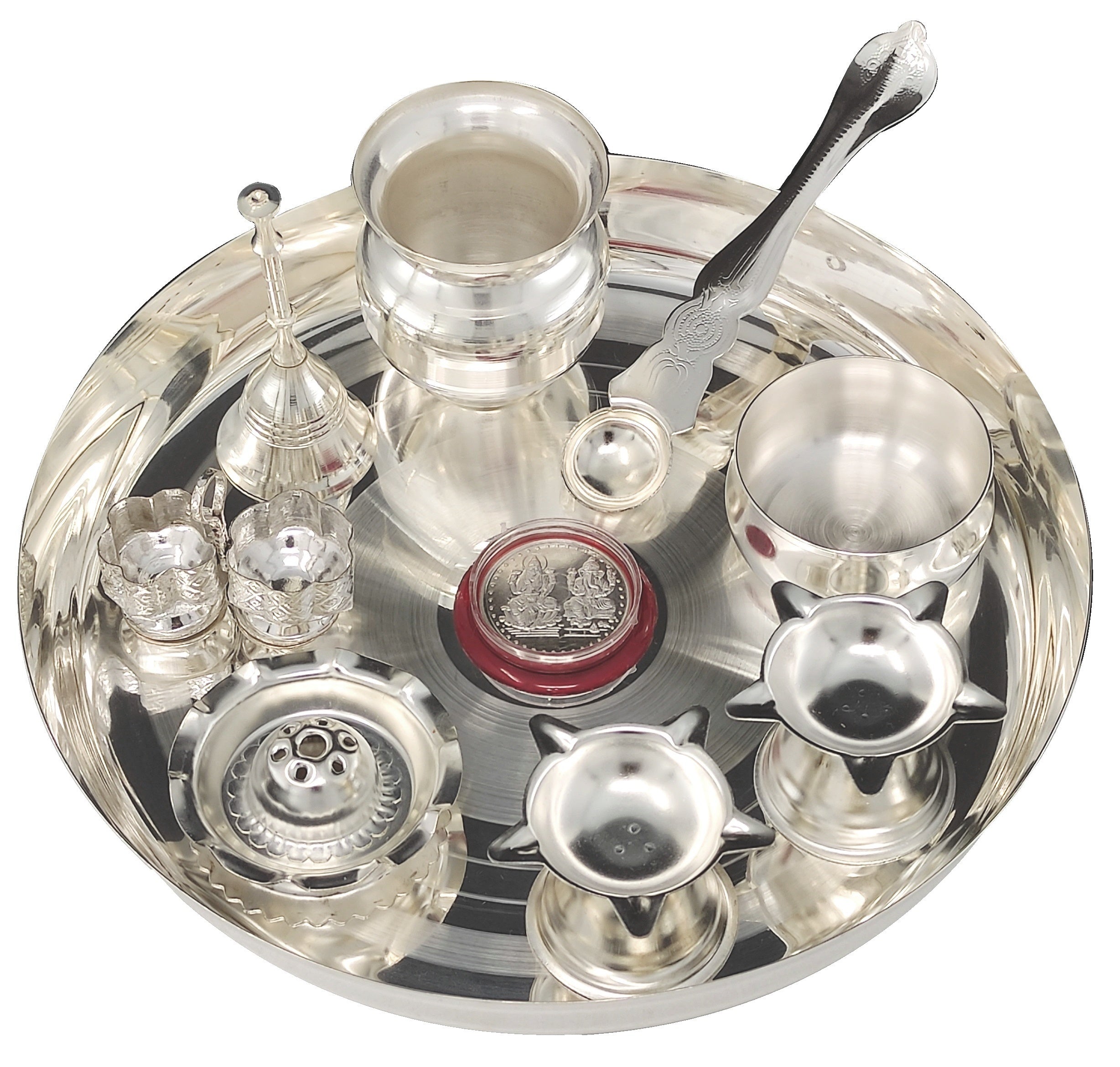 Bengalen Silver Plated Pooja thali Set 8 Inch with Plate Agarbatti Stand Bowl Palli Kalash Diya Kumkum Holder Coin Puja Thali for Home Mandir Office Wedding Return Diwali Gift Items