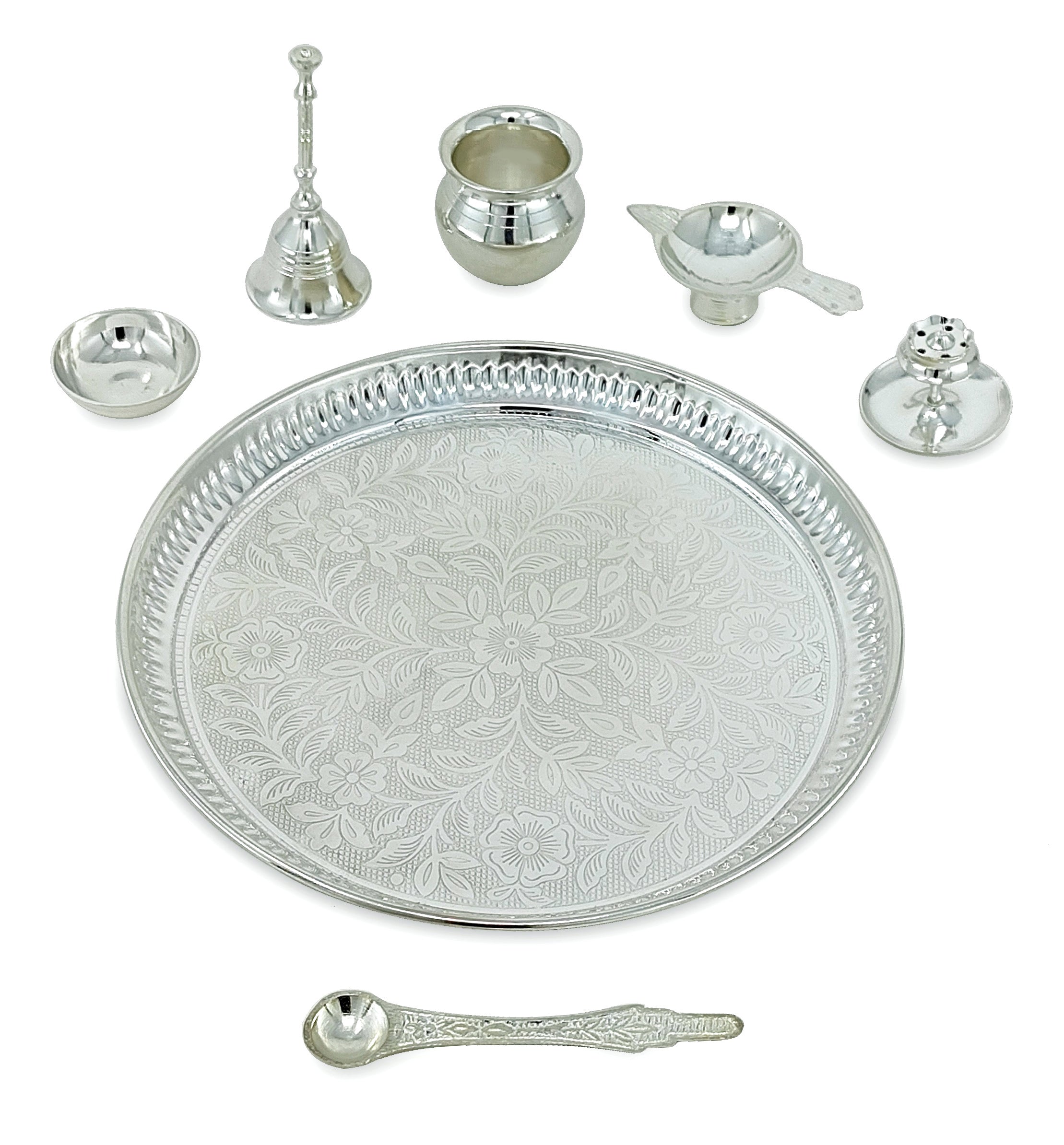 BENGALEN Pooja Thali Set Silver Plated with Red Gift Box Designed 8 Inch Puja Plate Kalash Bowl Ghanti Spoon Dhup Dan Diya for Home Office Diwali Wedding Return Gift Items