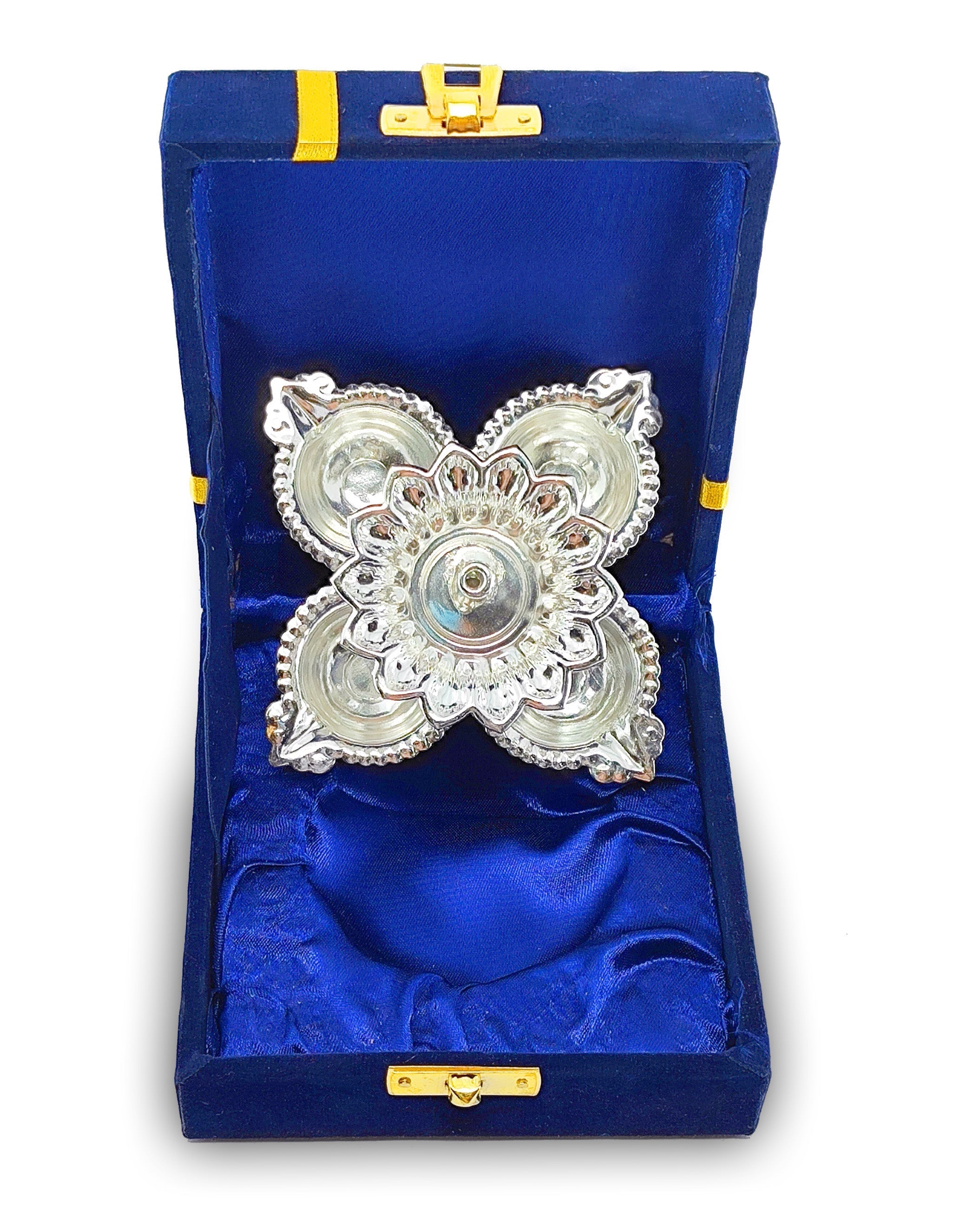 BENGALEN Silver Plated Diya with Blue Velvet Gift Box Panchmukhi Dia Pooja Items Diwali Decoration Puja Gifts Handmade Oil Lamp Traditional Indian Deepawali Gift Items