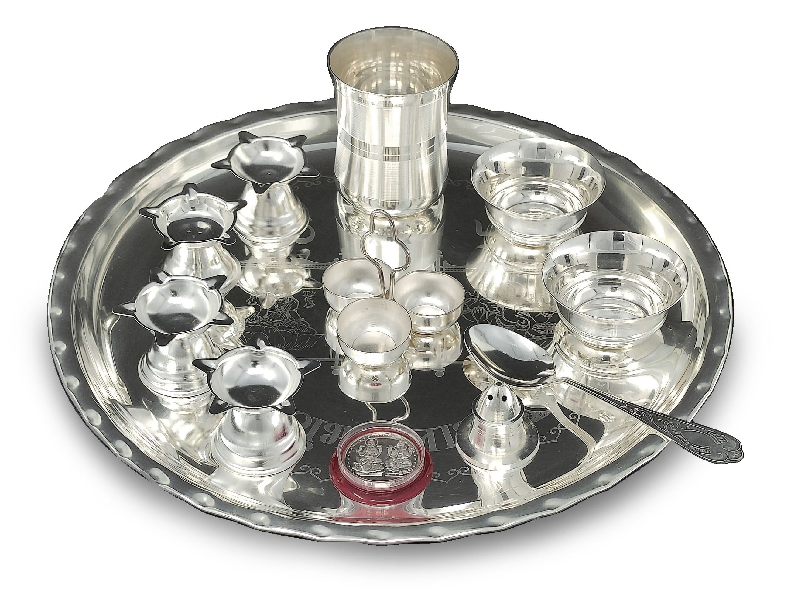 BENGALEN Silver Plated Pooja Thali Set 12 Inch with Designed Puja Thali with Glass Bowl Diya Dhup Dan Haldi Kumkum Stand Spoon Coin for Home Mandir Office Wedding Return Gift Items
