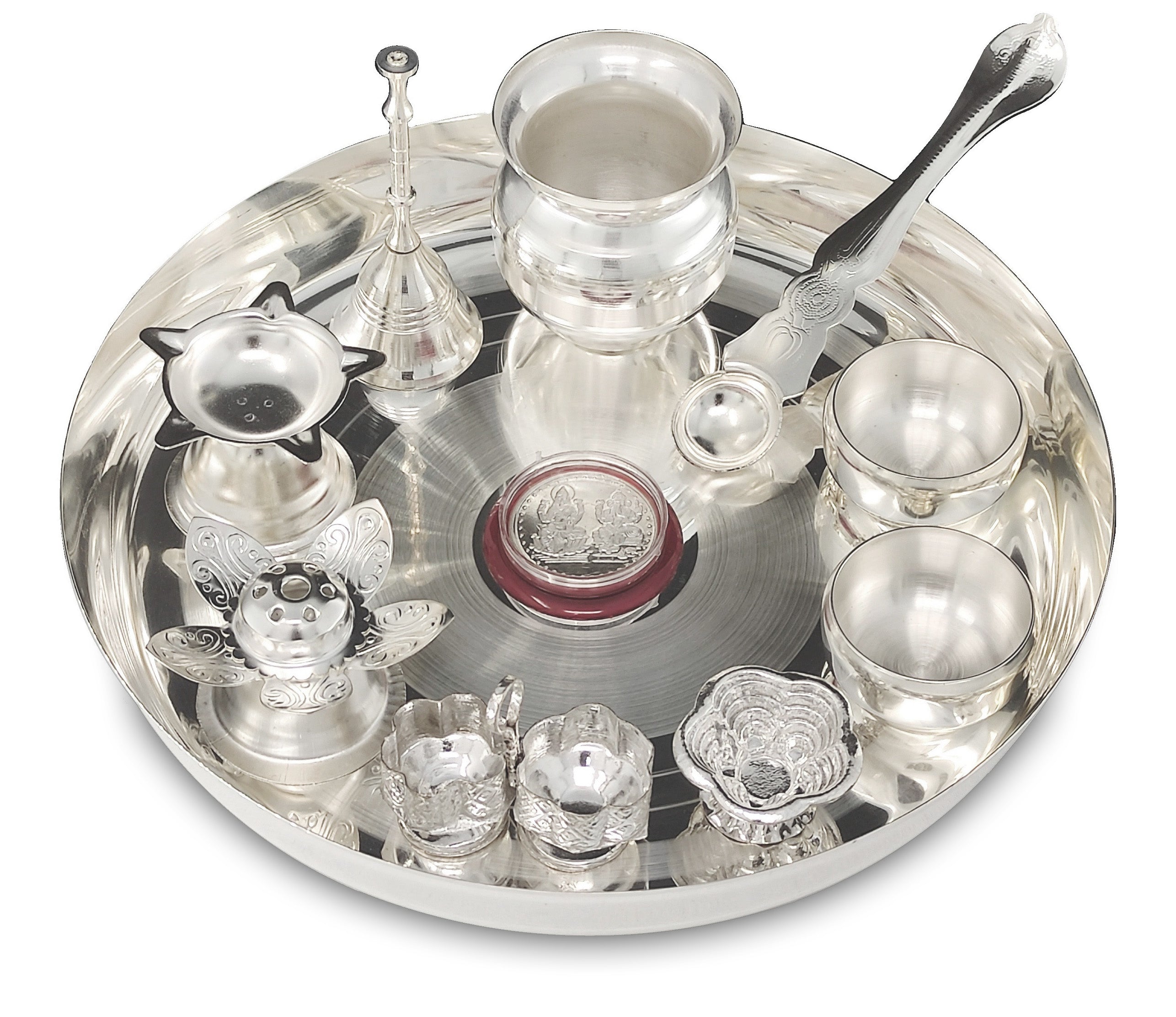 Bengalen Silver Plated Pooja thali Set 8 Inch with Plate Kalash Bowl Agarbatti Stand Palli Diya Kumkum Stand Coin Puja Thali for Diwali Home Mandir Office Wedding Return Gift Items