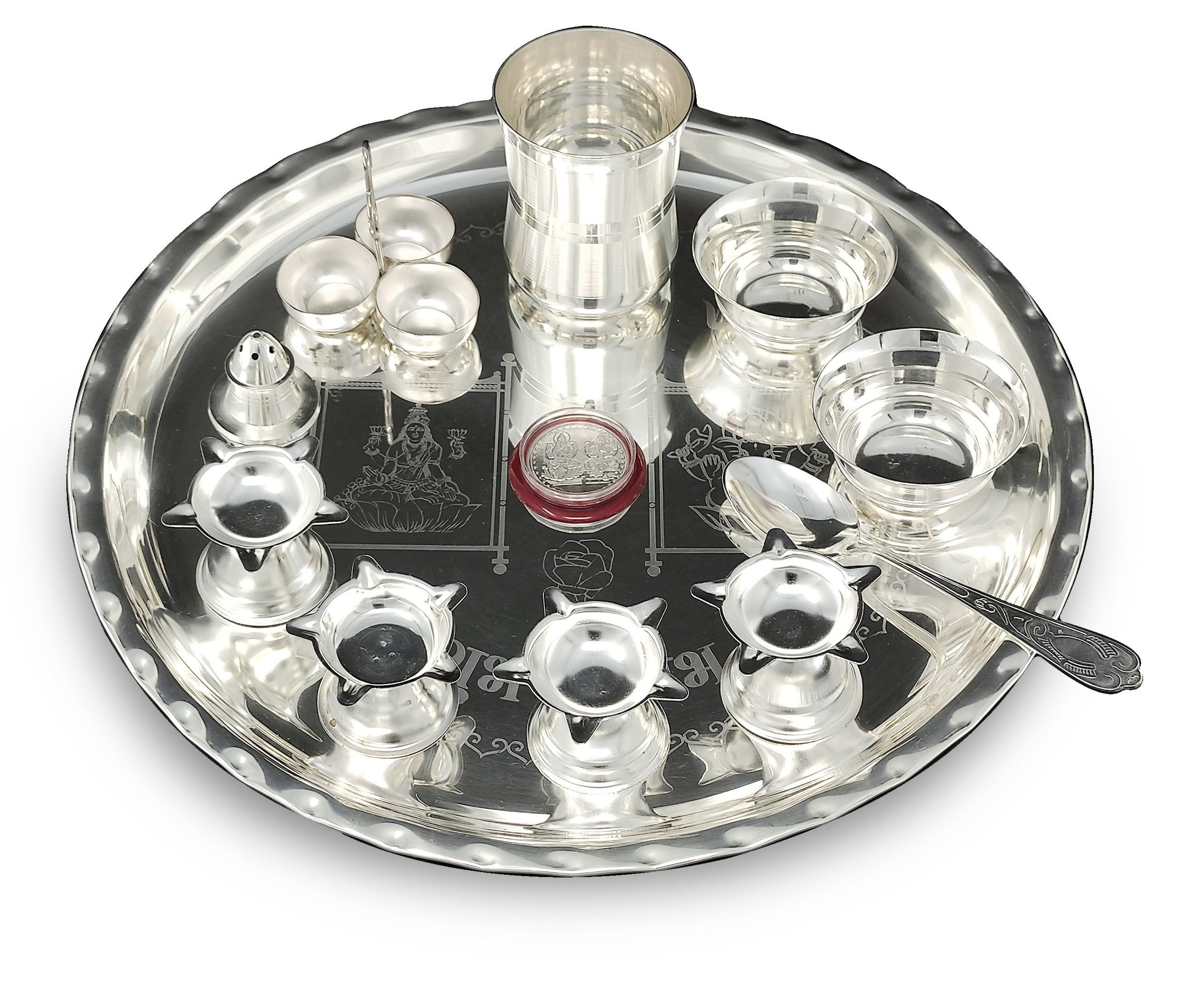 BENGALEN Silver Plated Pooja Thali Set 12 Inch with Designed Puja Thali with Glass Bowl Diya Dhup Dan Haldi Kumkum Stand Spoon Coin for Home Mandir Office Wedding Return Gift Items