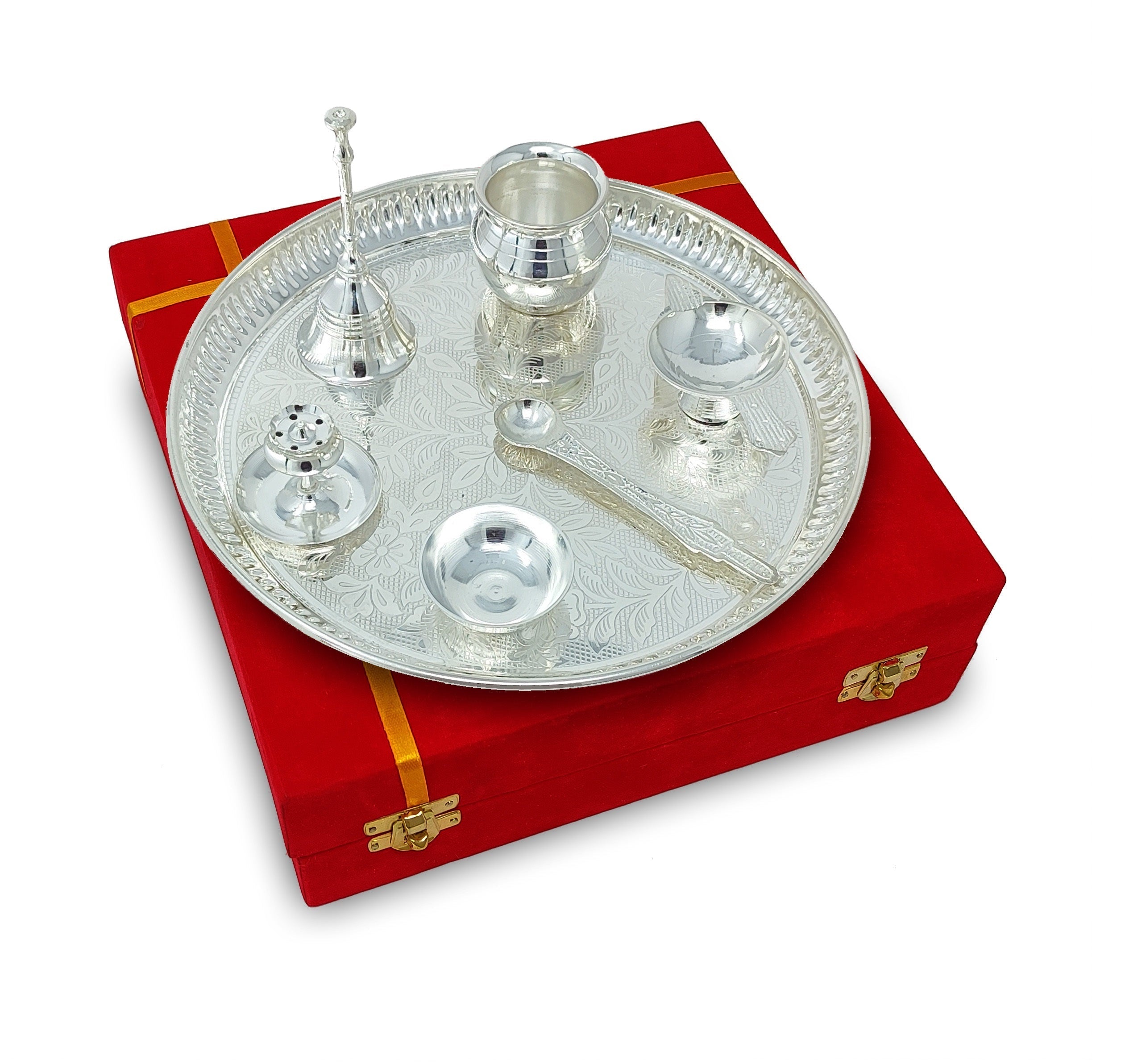 BENGALEN Pooja Thali Set Silver Plated with Red Gift Box Designed 8 Inch Puja Plate Kalash Bowl Ghanti Spoon Dhup Dan Diya for Home Office Diwali Wedding Return Gift Items