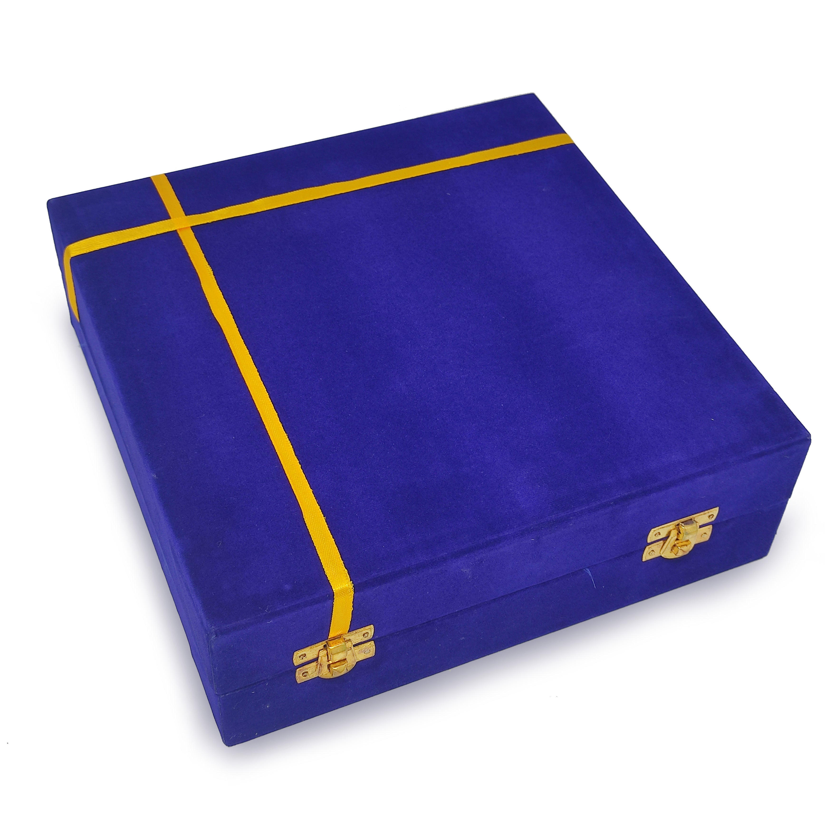 BENGALEN Pooja Thali Set Silver Plated with Blue Gift Box Designed 8 Inch Puja Plate Kalash Bowl Ghanti Spoon Dhup Dan Diya for Home Office Diwali Wedding Return Gift Items