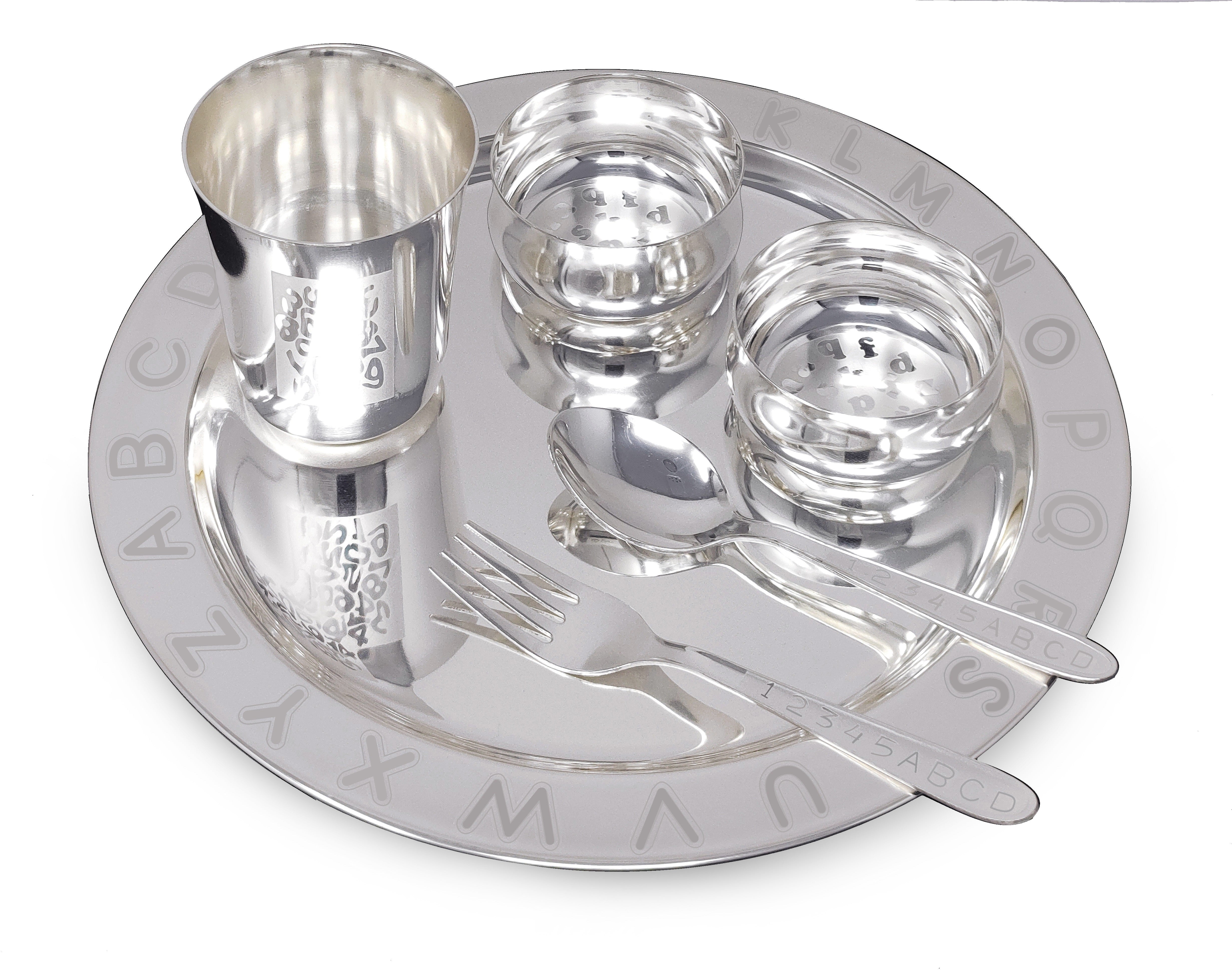Bengalen Silver Plated Baby Dinner Set With Red Velvet Box for Gift Rice Ceremony Annaprashan Sanskar for Boys Girls Kids Birthday Return Festive Gift Items