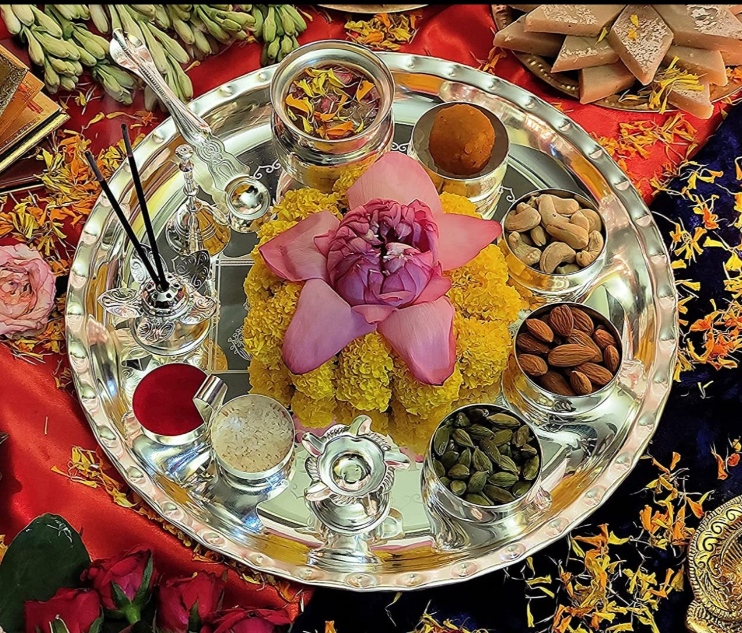 Bengalen Premium Silver Plated Puja Thali Set 12 Inch with Accessories for Festival Ethnic Pooja Thali Set Gift for Home, Temple, Office, Wedding Gift