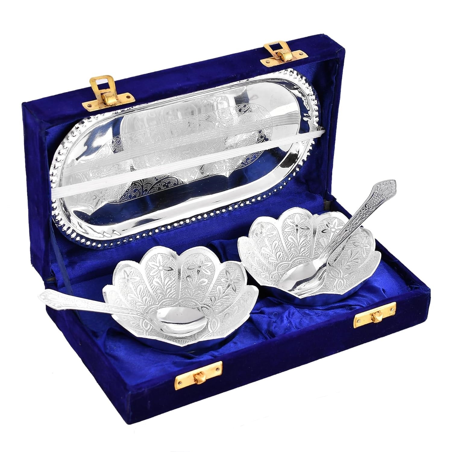 Silver Plated Bowl Spoon Tray Set Dessert Dry Fruits Serving