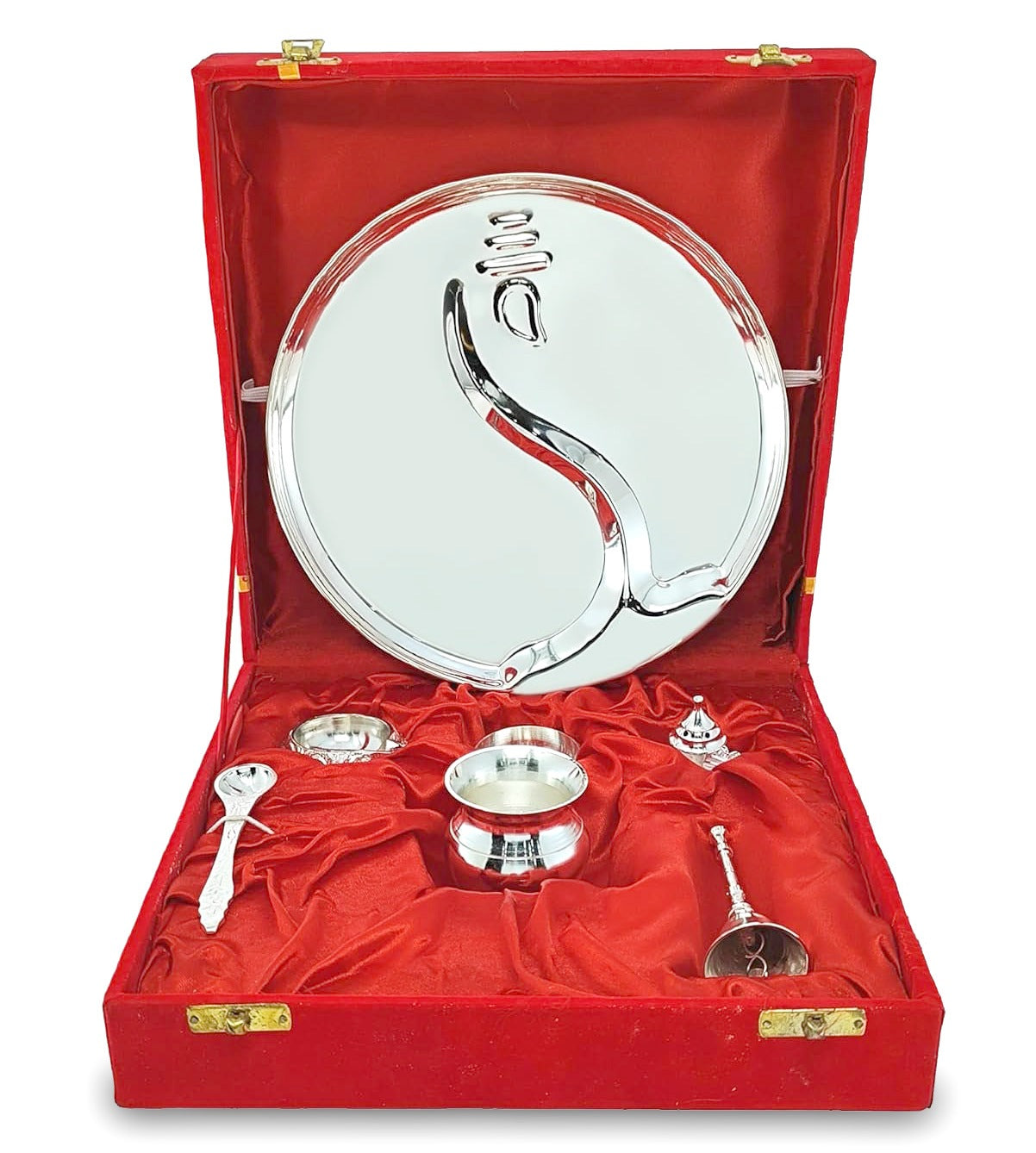 BENGALEN Pooja Thali Set Silver Plated with Gift Box 22 cm Designed Puja Plate Kalash Ghanti Bowl Spoon Dhup Dan Kuber Diya for Housewarming Diwali Wedding Gift Items