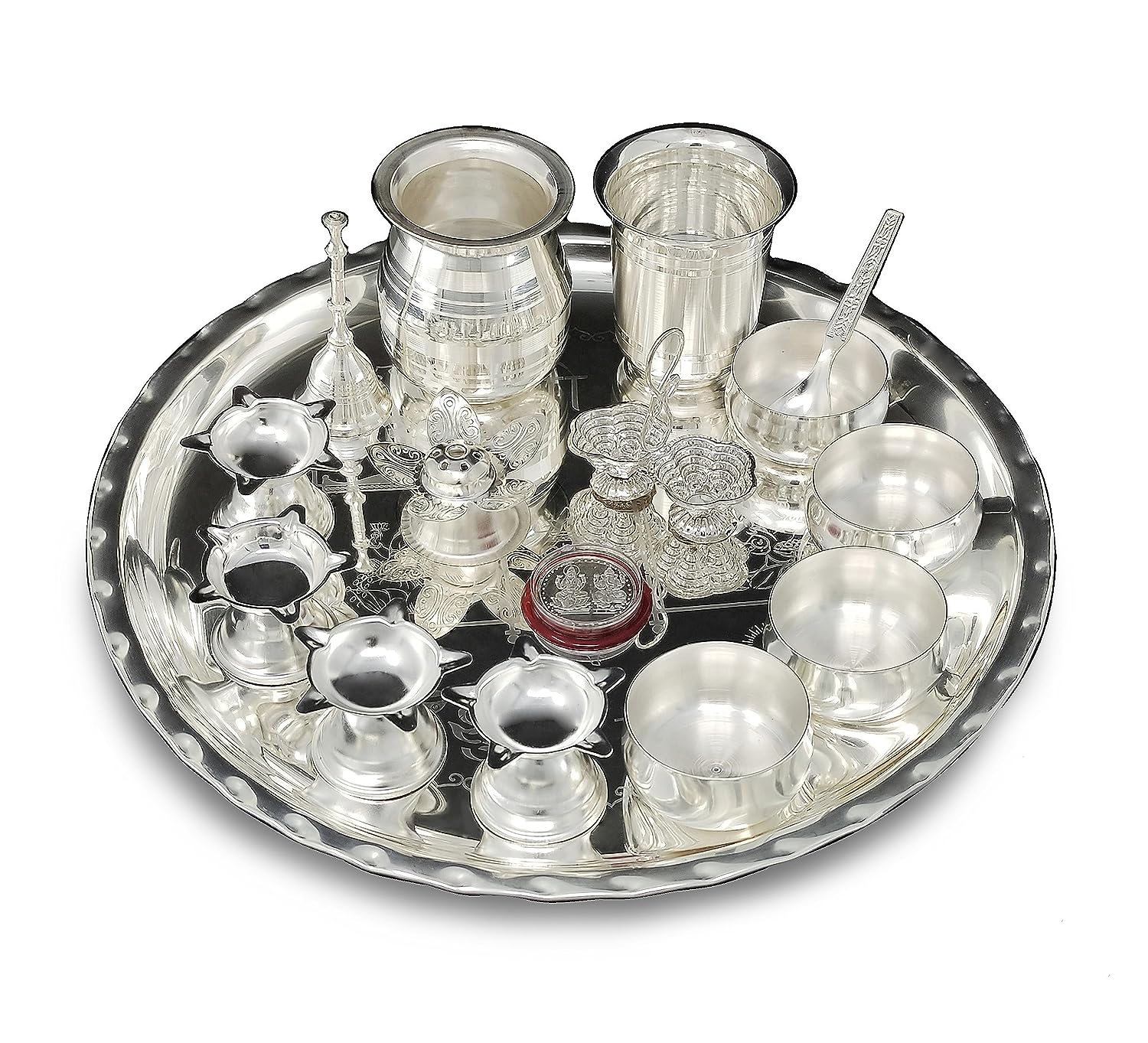 BENGALEN 12 Inch Silver Plated Pooja Thali Set with Accessories Daily Puja Decorative Gifts for Home Office Mandir Diwali Wedding Return Gift Items