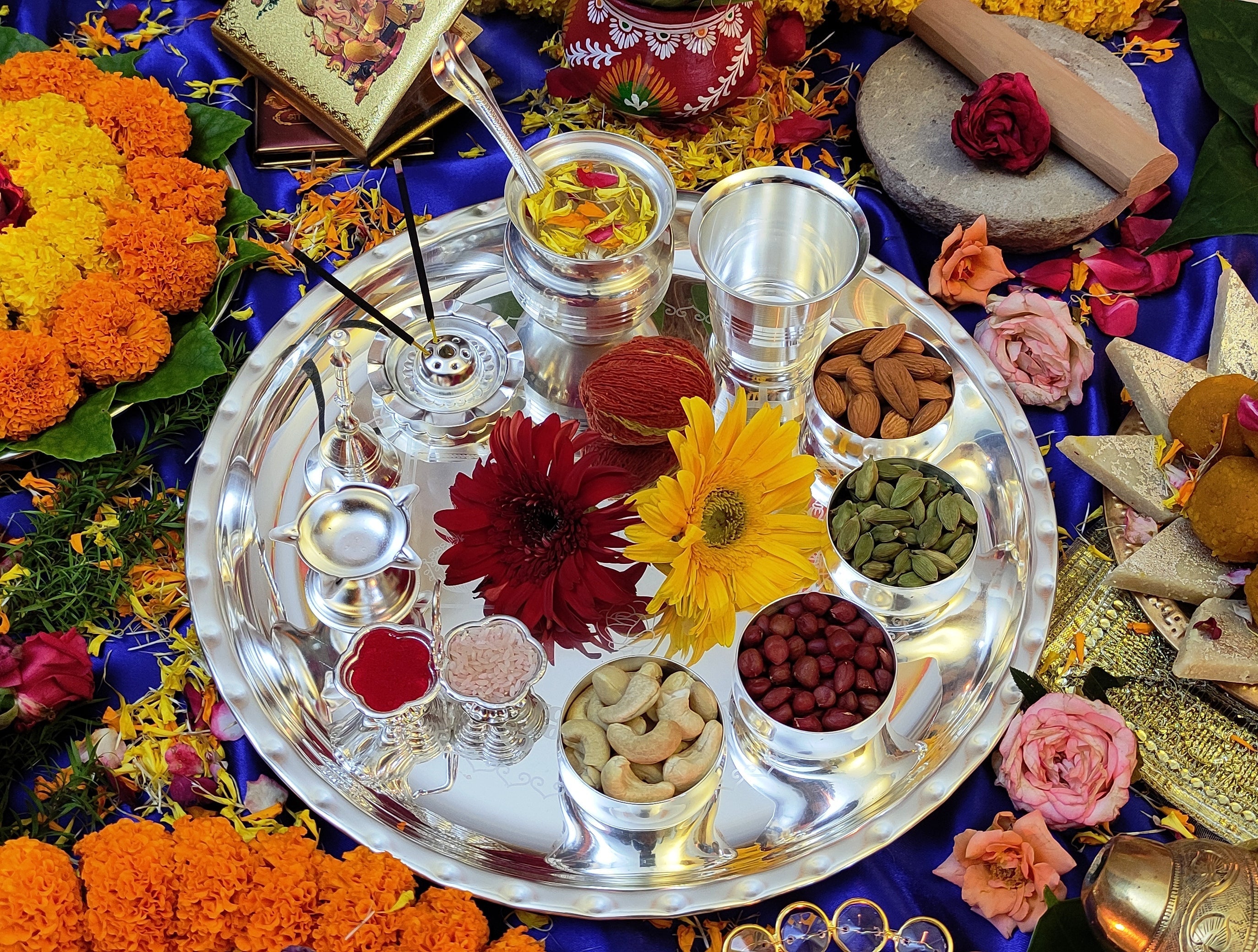 Bengalen Silver Plated Pooja Thali Set 12 Inch with Accessories Puja Decorative Items for Home Mandir Office Wedding Return Gift