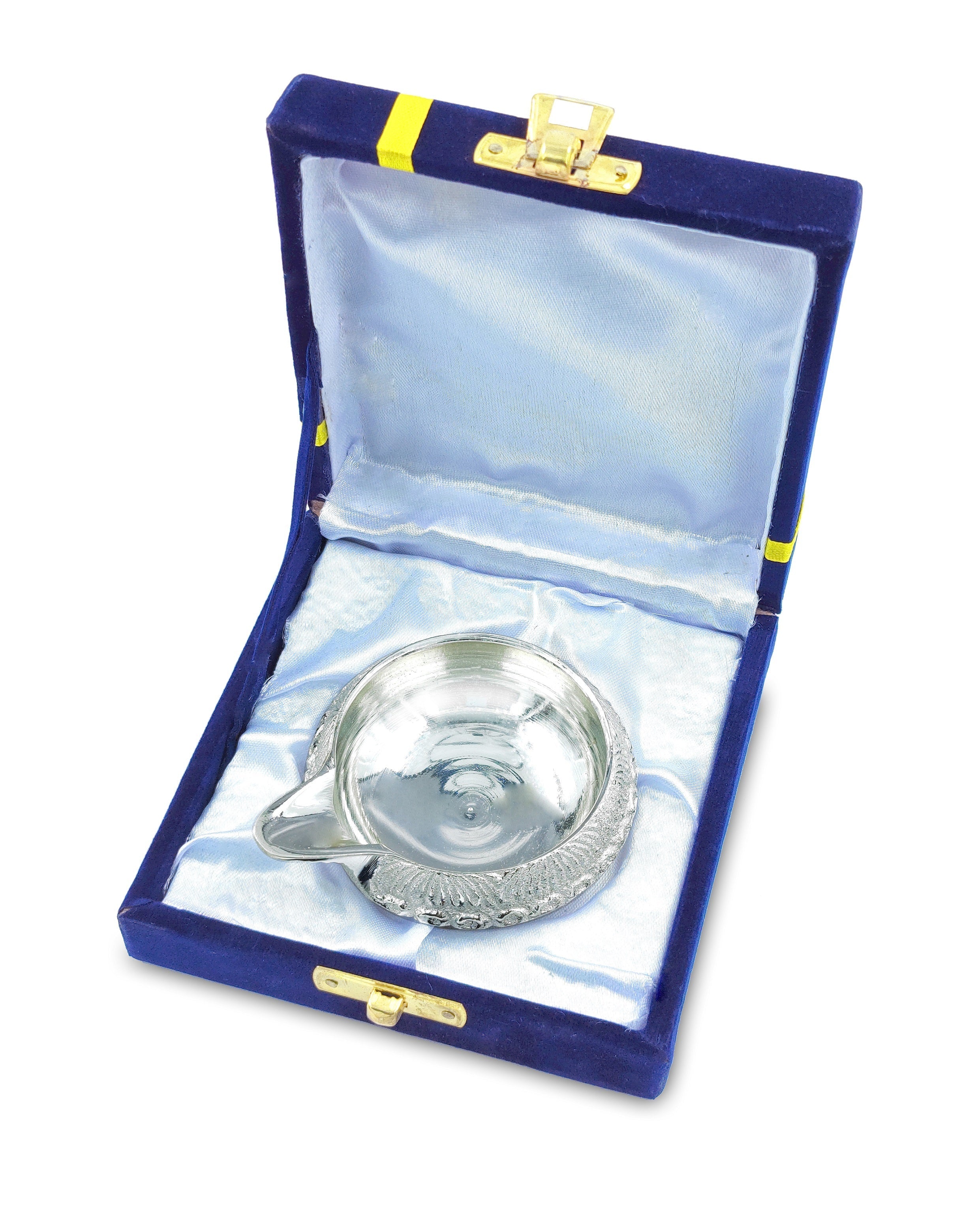 BENGALEN Silver Plated Diya with Blue Velvet Gift Box Kuber Dia Pooja Items Diwali Decoration Puja Gifts Handmade Oil Lamp Traditional Indian Deepawali Gift Items